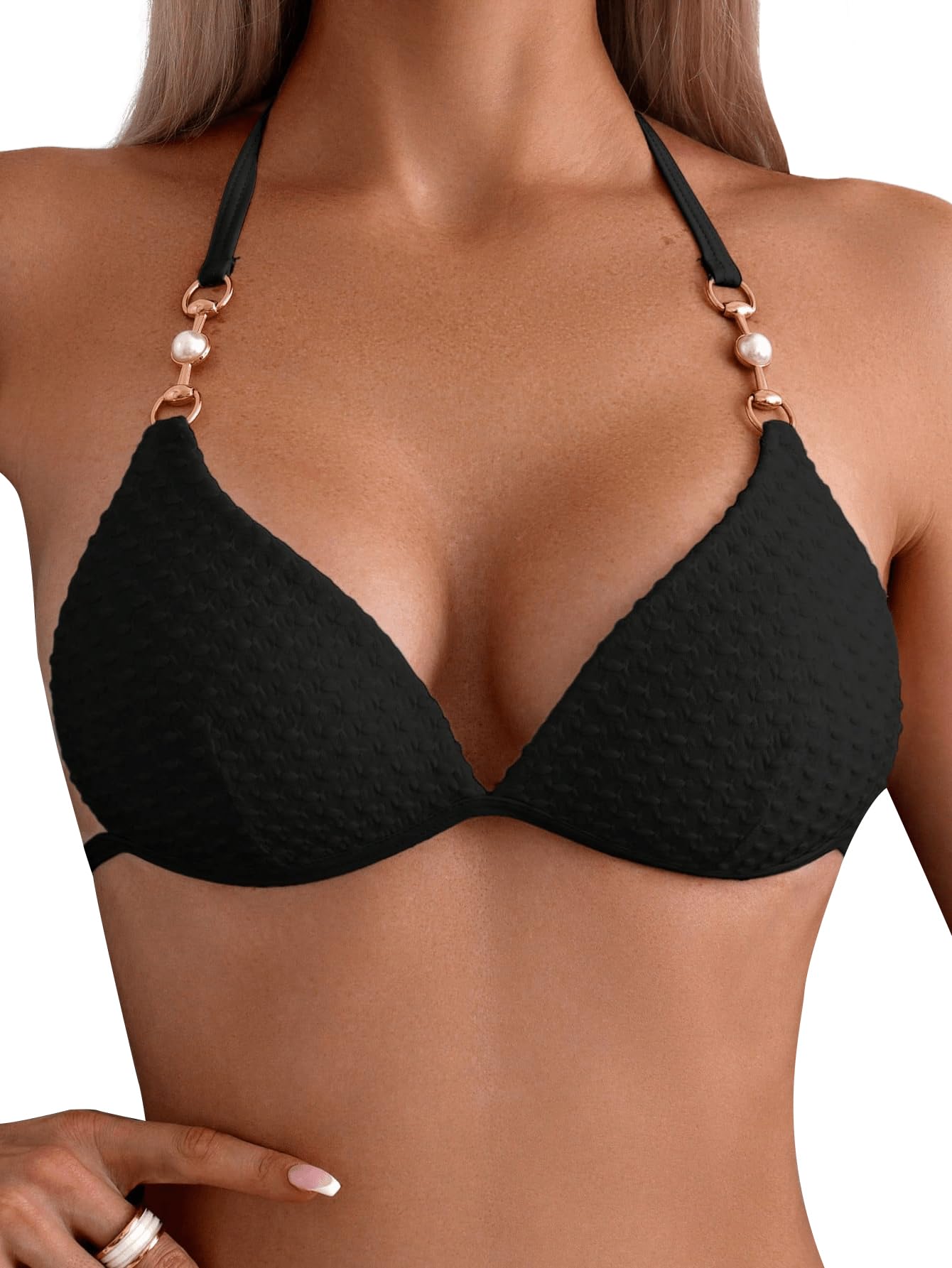 GORGLITTER Bikini Damen Set Mit Ketten Neckholder Bikini Set Triangel Bikini Sexy Zweiteiliger Badeanzug Mit Perlen Bademode