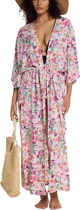 Womens Long Kimono Swimsuit Coverups Open Front Casual Loose Beach Cover Up Cardigans for Swimwear Pink Green Floral