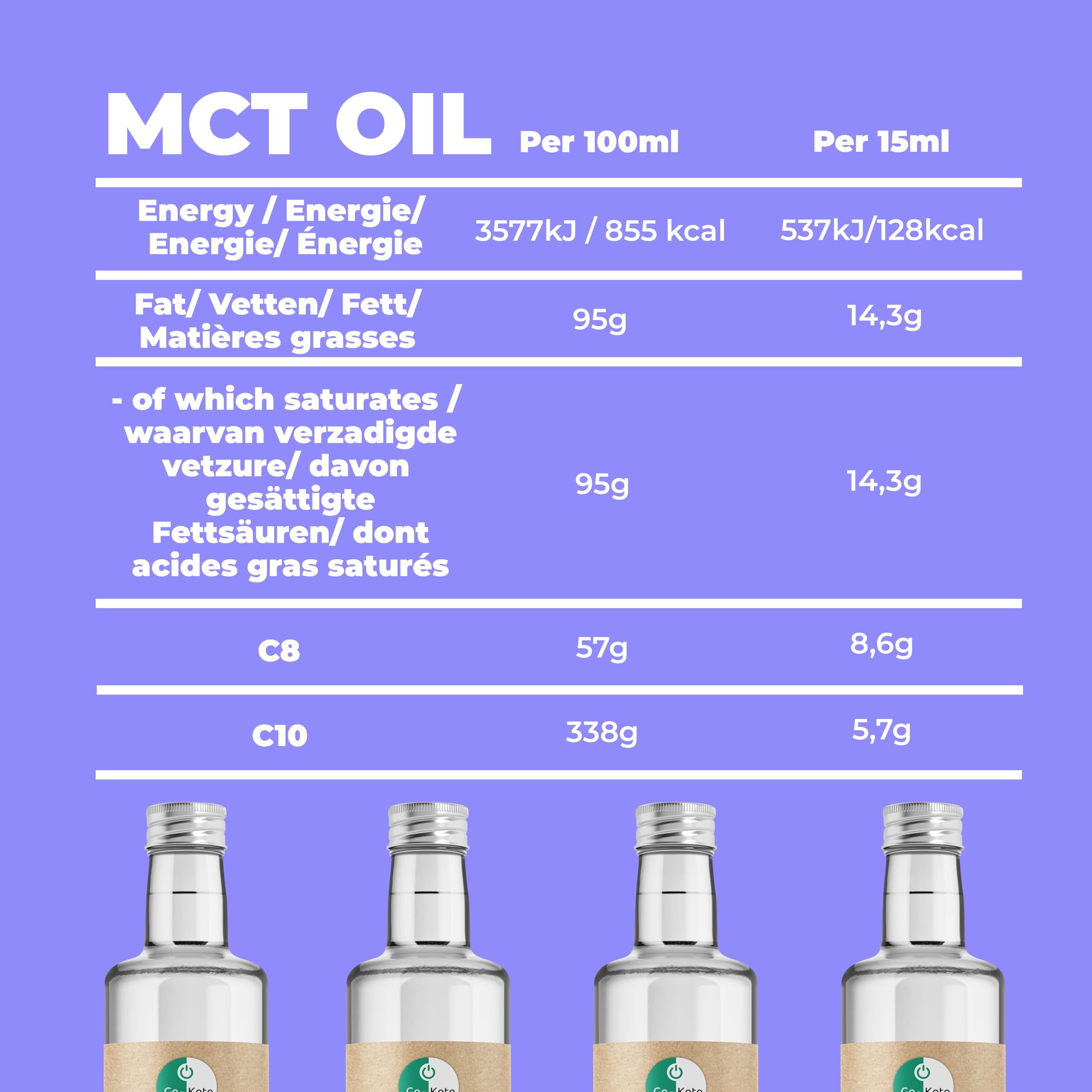 Go-Keto MCT Oil, 500 ml, Huile TCM premium C8/C10, 100% huile de coco, dans bouteille en verre, sans huile de palme, top pour le régime keto, pour un bulletproof coffee, Paléo, végane