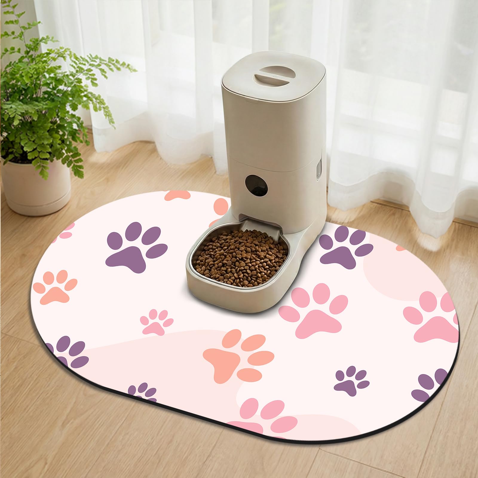 METEOROCK Non Slip Dog Bowl Mat, 71x43 cm Absorbent Dog Food Mats for Floors, Extra Large Size Pet Feeding Mat Designed for Multiple Pets, Fit with Automatic Feeders and Double-Bowl, Pink Paw