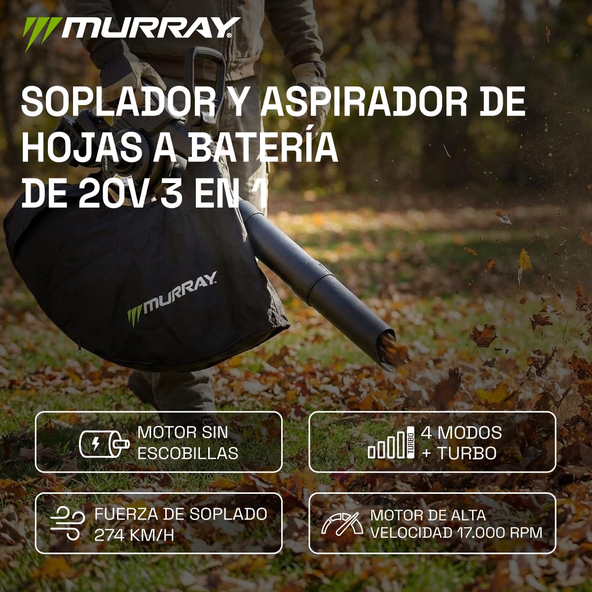 Murray Soplador y Aspirador de Hojas a Batería 20V 3 en 1 MU-BAT-VB270-KIT – Motor sin Escobillas, Control Inteligente, 4 Velocidades + Turbo, Bolsa de Polvo de 45L, Diseño de Montaje Rápido