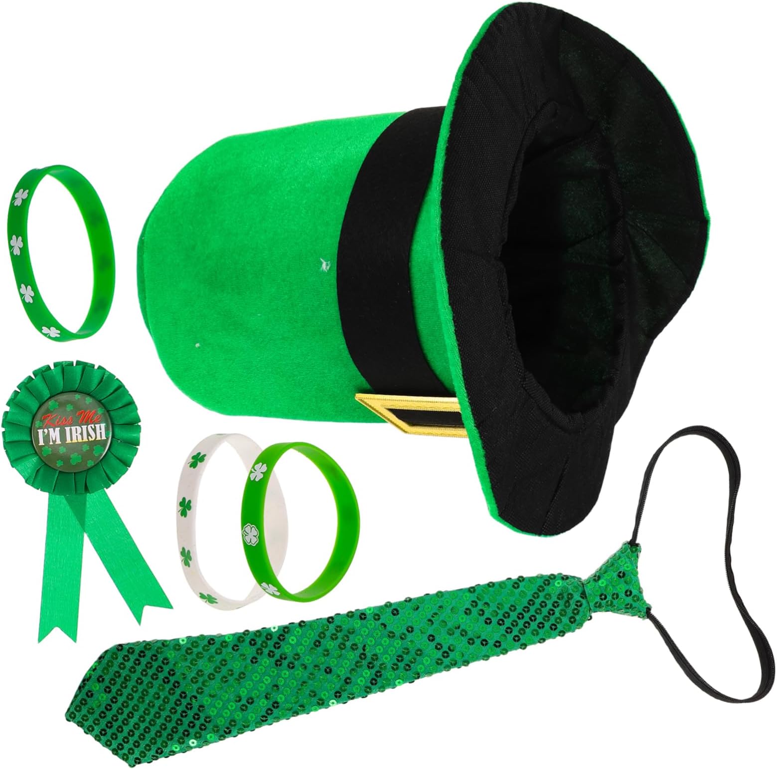 1set St Patrick's Day Party Accessory Set Irish Top Hat Tie Badge Bracelet Green Shamrocks Festive Suit
