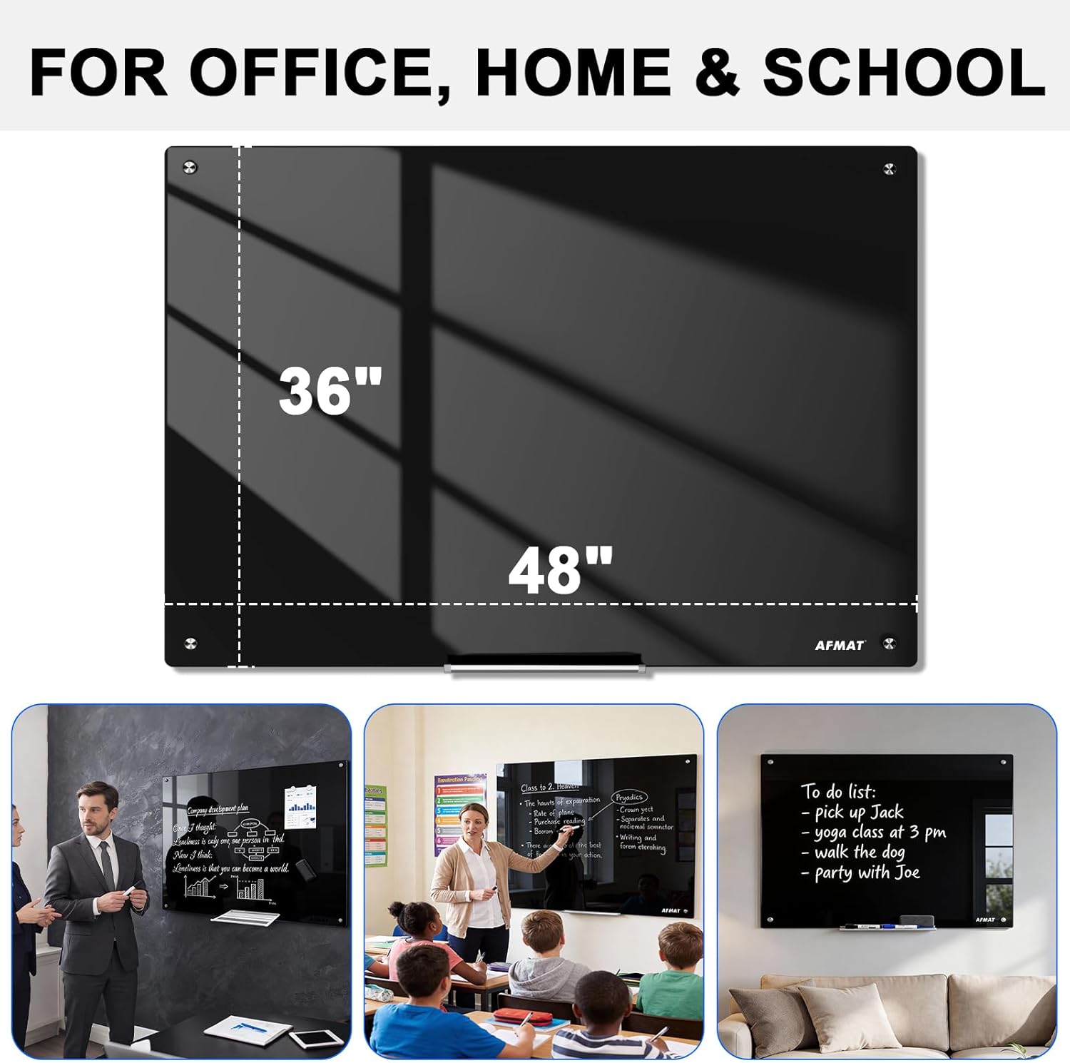 AFMAT Magnetic Black Glass Dry Erase Board, 48" x 36" Glass Blackboard, 4mm Tempered Glass w/Strong Magnetic Surface, Large Chalkboard for Wall, Frameless Wall Mounted for Office Home School