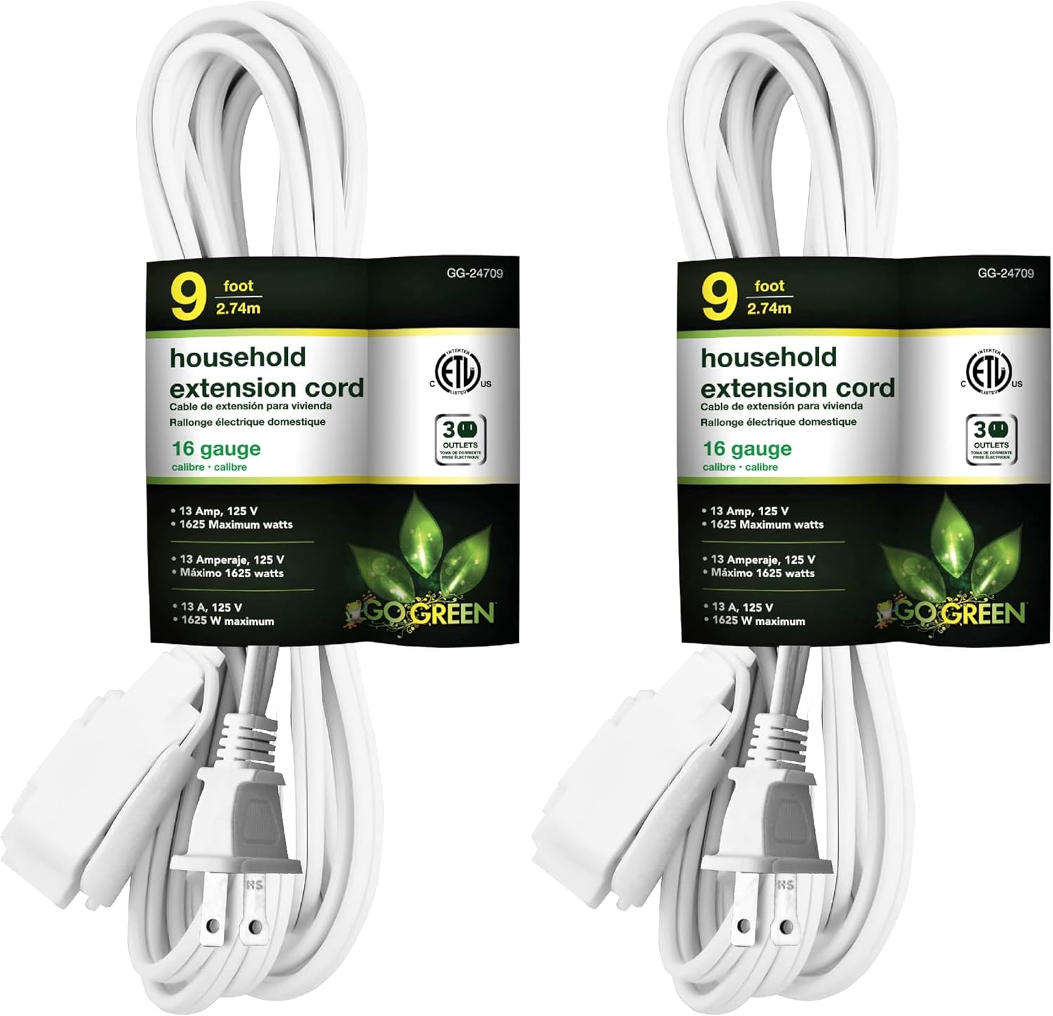 Go Green Power Inc. 20ft Household Extension Cord, Brown, 3 Outlets - Indoor Use Only, Kink-Free, Child-Safe Covers, Ideal for Everyday Electronics