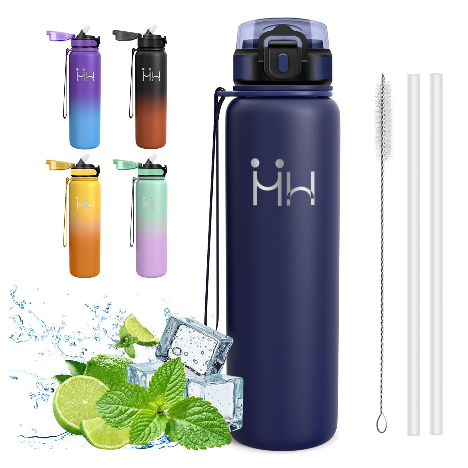Mujigaga Insulated Water Bottle, 1 Litre Water Bottle, BPA Free, Water Bottles with Straw, Leakless, Stainless Steel Water Bottles, with Straw Brush, Water Bottles for Climbing, Pilates, Fitness