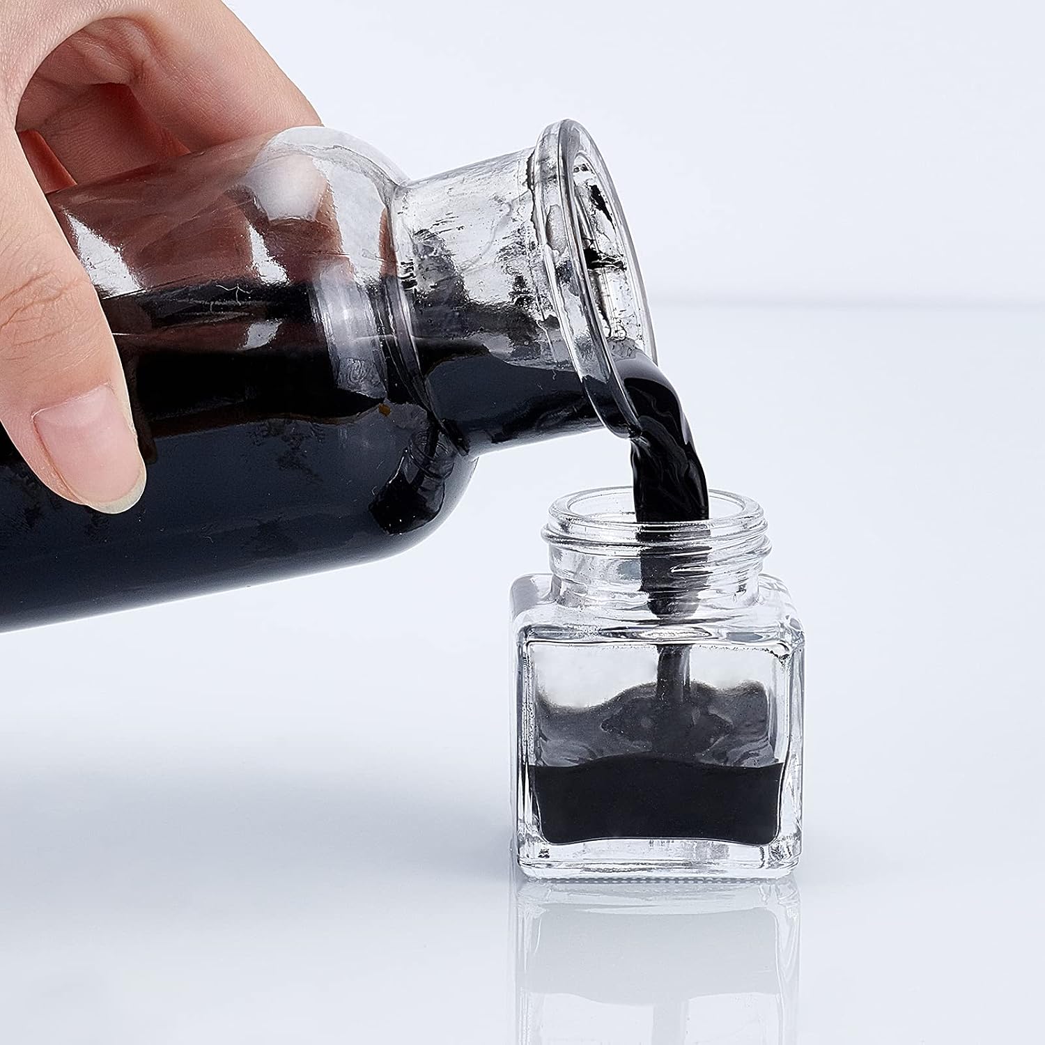 FINGERINSPIRE 12 Pack 30ml Clear Empty Ink Bottles Glass Fountain Pen Ink Bottle with ABS Plastic Bottle Caps, 4pcs Mini Transparent Plastic Funnel, 6pcs 2ml Disposable Plastic Teardrop