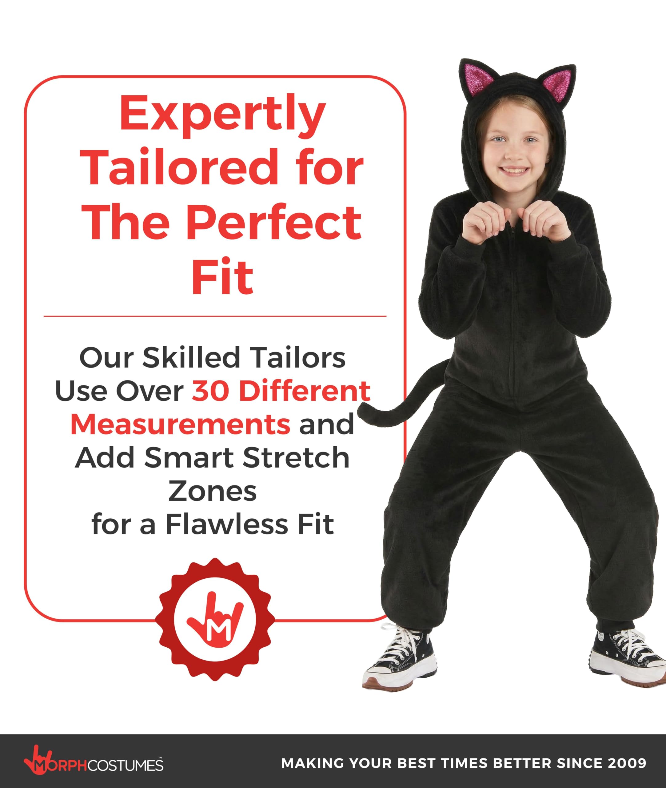 Morph Disfraz Gato Negro Niña, Disfraz Halloween Niña | Mono de Peluche Negro con Cola & Diadema con Orejas, Para Poner, Perfecto para Halloween, Ideal para Juegos de Rol