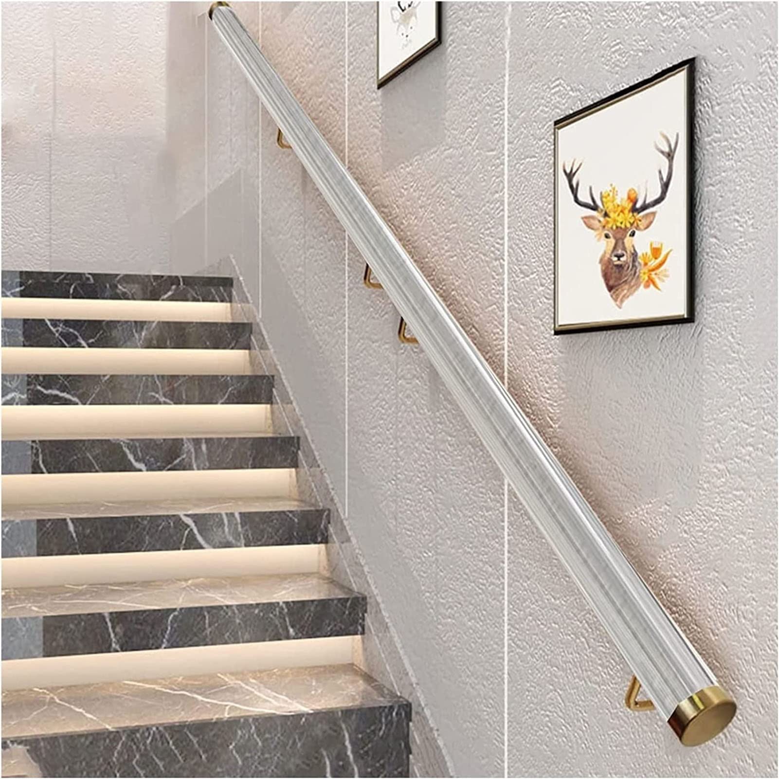 Hongkefit Gold Clear Acrylic Stair Railing Handrail Bannister Kit, Transparent Pipe Outdoor Indoor Non-Slip Staircase Hand Rails/Round Wall Support Grab Bars For Home Garden Corridor Lofts Lderly Or Disables Use (C