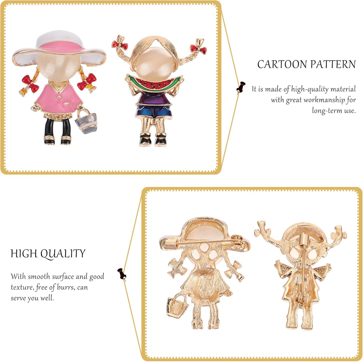 2Pcs Girl Cartoon Brooch Pins Cute Clothes Brooch Decor for Students Casual Outfit Accessories