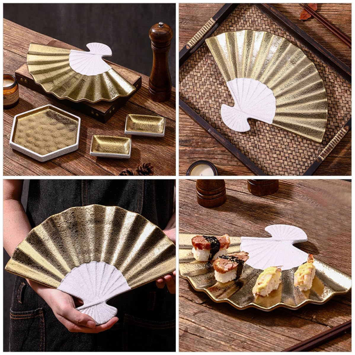 Hemobllo Assiette à Sushi Élégante et Multifonctionnelle Forme Éventail en Céramique Style Japonerie Couleur Or Solide pour Hôtel et Usage Domestique