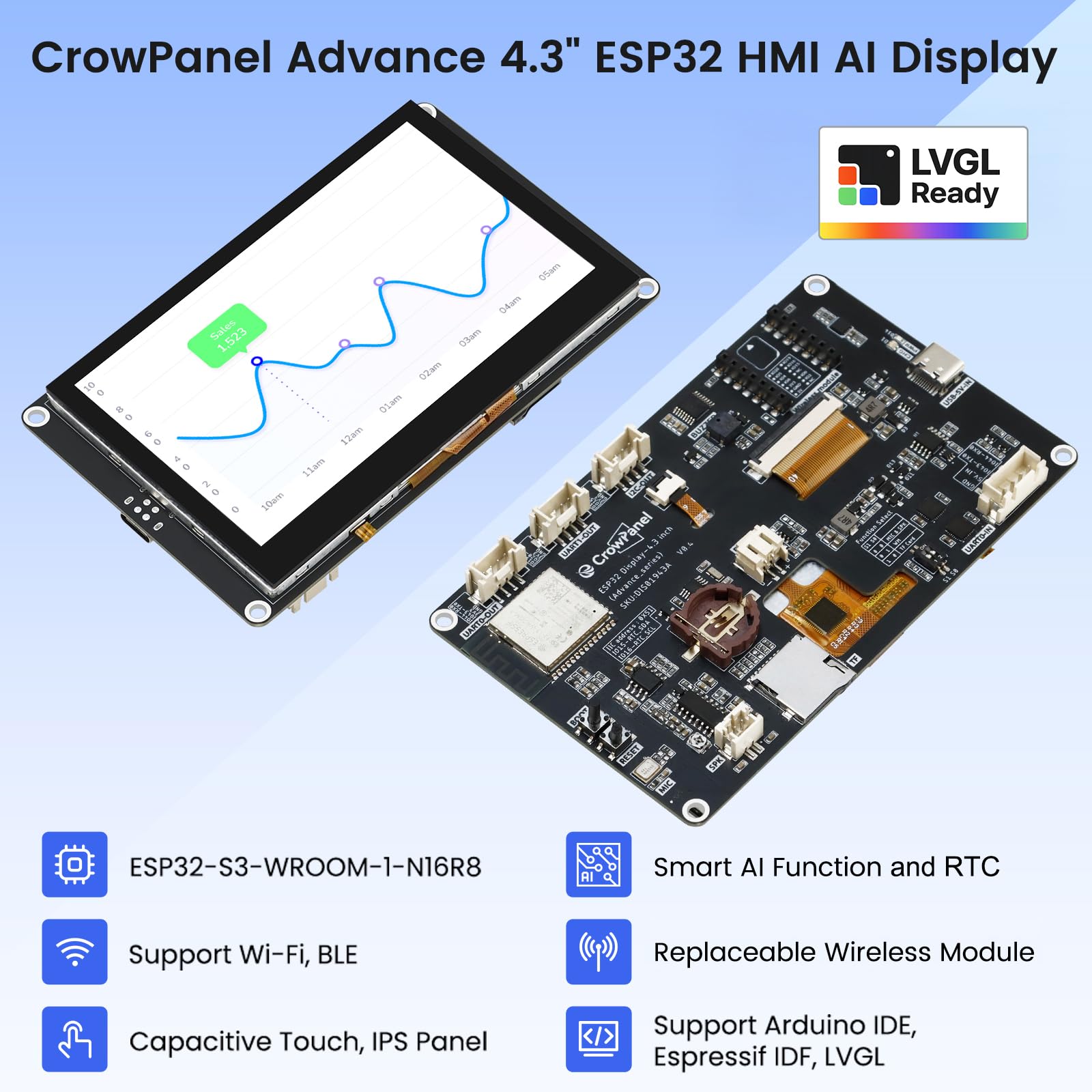 ELECROW ESP32 Display 800 × 480, 4,3 pollici HMI Advanced ESP32 IPS Touch Display, supporto interazione vocale AI, processore dual-core LX7 a 32 bit, fino a 240 MHz, compatibile con Arduino, ESP-IDF e