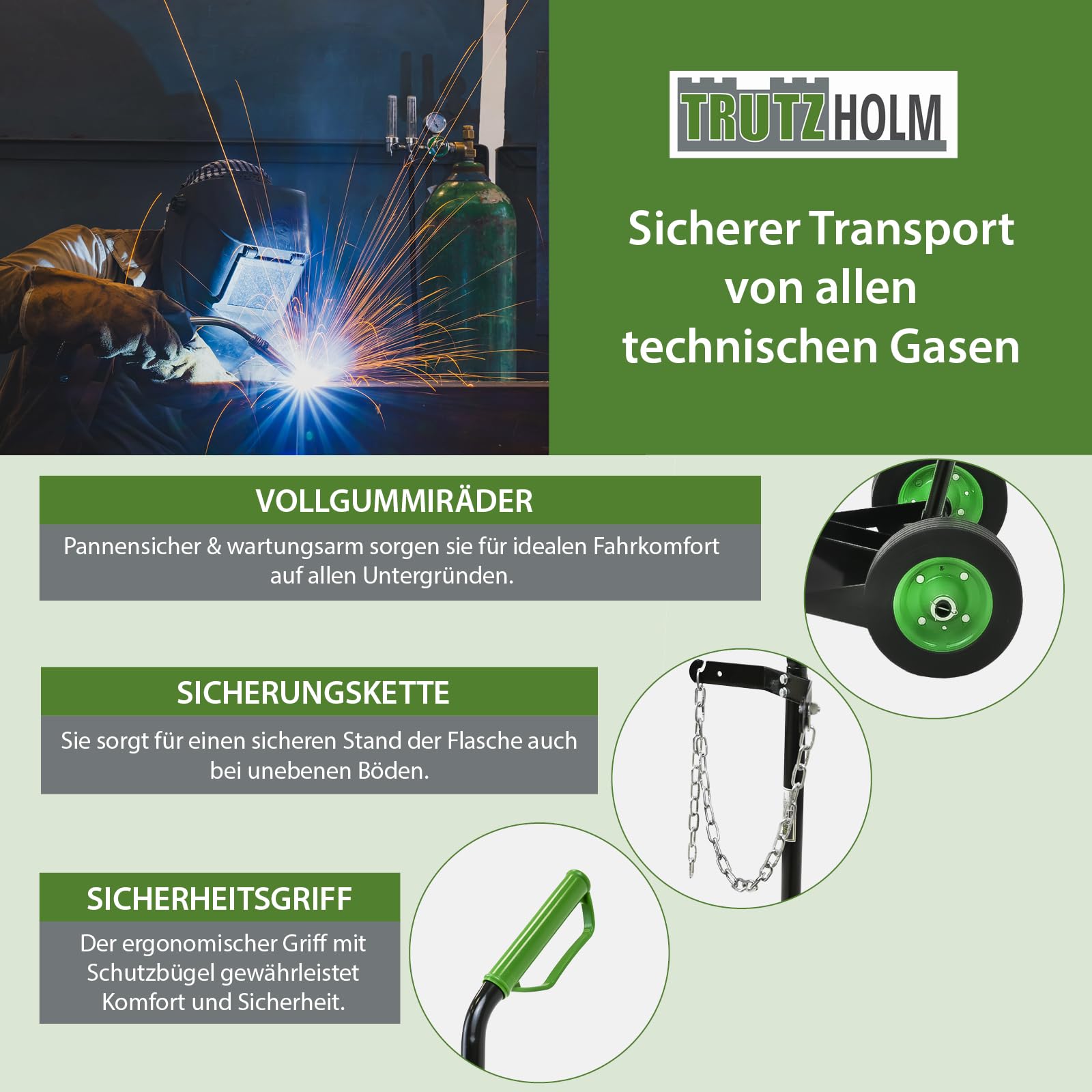 TRUTZHOLM Gasflaschenkarre 100kg Traglast mit Handschutzbügel & Sicherungskette Transport von technischen Gasen Gasflaschenwagen Transportkarre