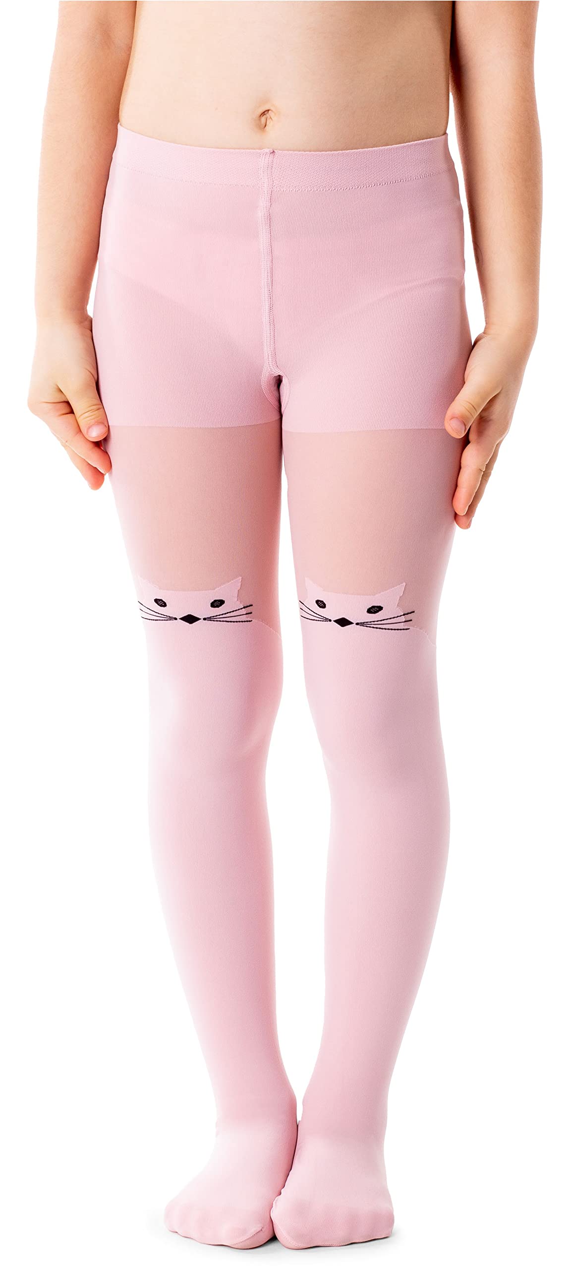 NOQ Girls Tights with 3D Effect Pattern Plain Dance Gymnastic School Pantyhose Fancy Outfit Little Princess, Meow Cotton Candy 8-9 years (128-134 cm)