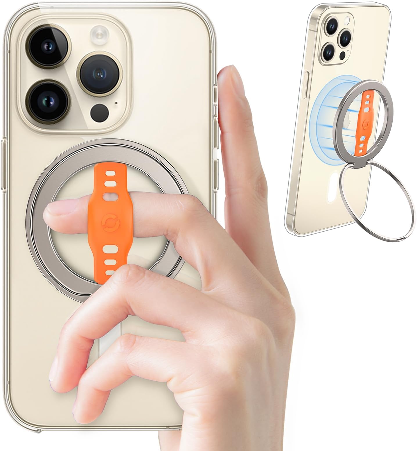 EWAMagOne (Upgrade) Compatible with MagSafe Phone Grip Stand with Silicone Finger Strap, Removable Magnetic Ring Holder Kickstand Loop, Only for iPhone 15, 14, 13 Pro/Max/Plus-(Champagne-Orange)