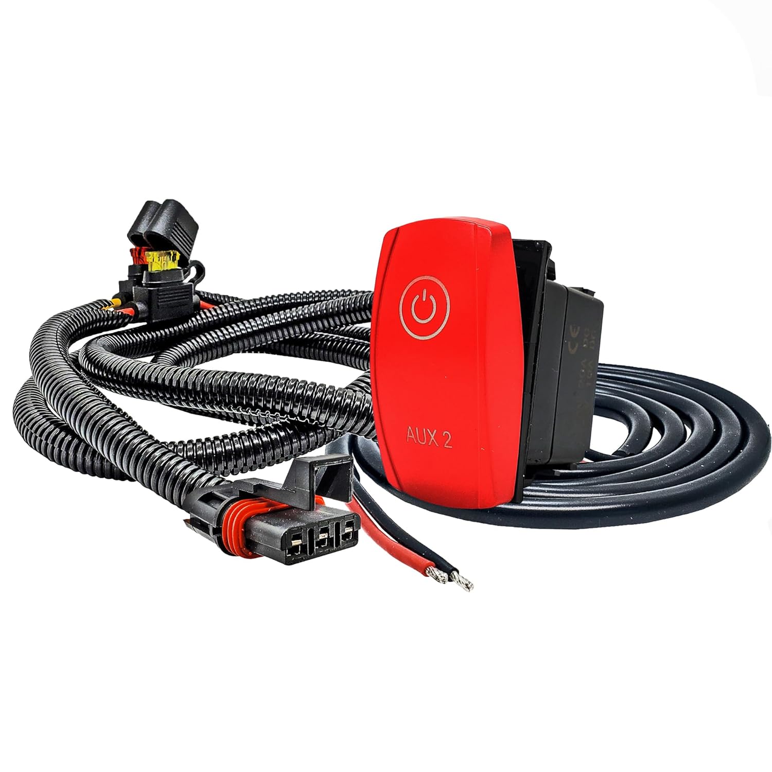OZ-USA 10ft Plug & Play AUX2 On/Off Red Rocker Switch with Pulse Power Busbar Plug Wiring Harness – Compatible with 2018-2025 Polaris RZR PRO XP Ranger 1000 General Xpedition ADV Models