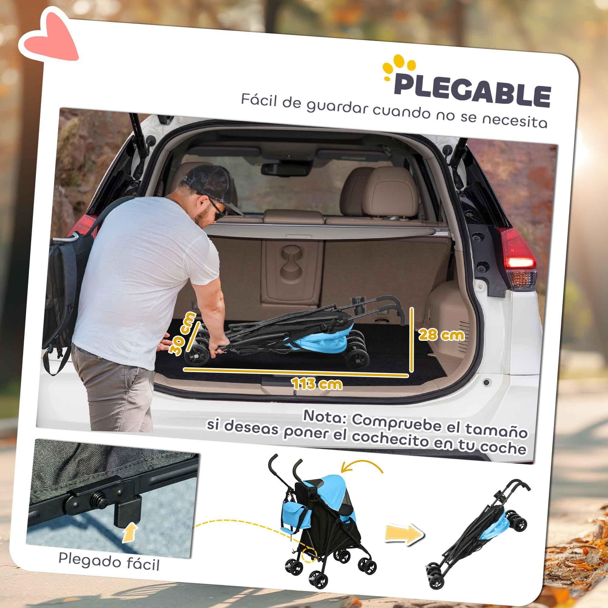 PawHut Cochecito para Perros Pequeños con Estructura de Paraguas Carrito para Perros Plegable con Cojín Lavable Portavaso Ventanas de Malla y Bolsa de Almacenamiento 76x44x103 cm Azul