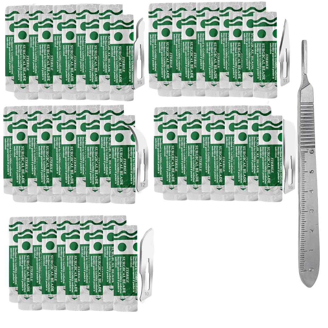 IMEDS Carbon Steel Sharp Blades Sterile Assorted Pack of 50 Pcs with Stainless Steel Scalpel Handle #3 Graduated All-in-One Kit to Make Finest Precision Cuts Multi-Function Scientific Lab Supplies