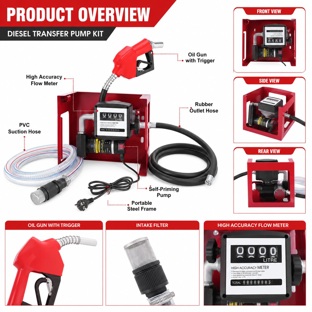 Dieselpumpe, 230V, Heizölpumpe Premium Kraftstoffpumpe, selbstansaugende Ölpumpe, mobile Tankstellen, mit Schläuchen und Zapfpistole, Griff Hof Tankstelle Tankanlage Diesel Heizöl Pumpe