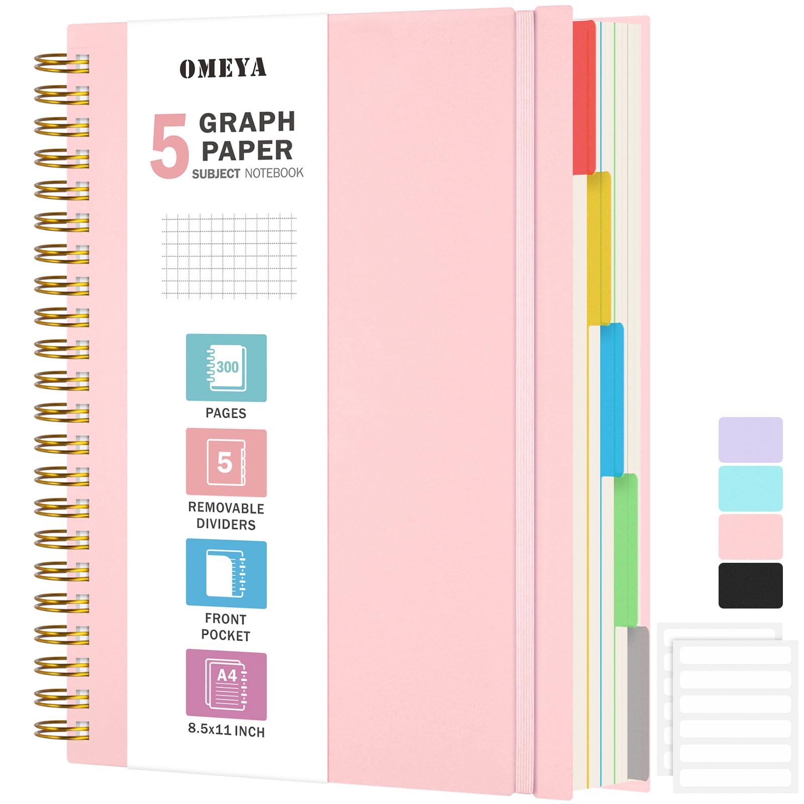 Graph Paper Notebook 8.5" X 11": 5 Subject Graphing Notebook with Removable Dividers, 300 Pages 100gsm Thick Spiral Grid Notebooks, 5x5 Graph Ruled Paper, Large A4 Math Journal for School Engineering
