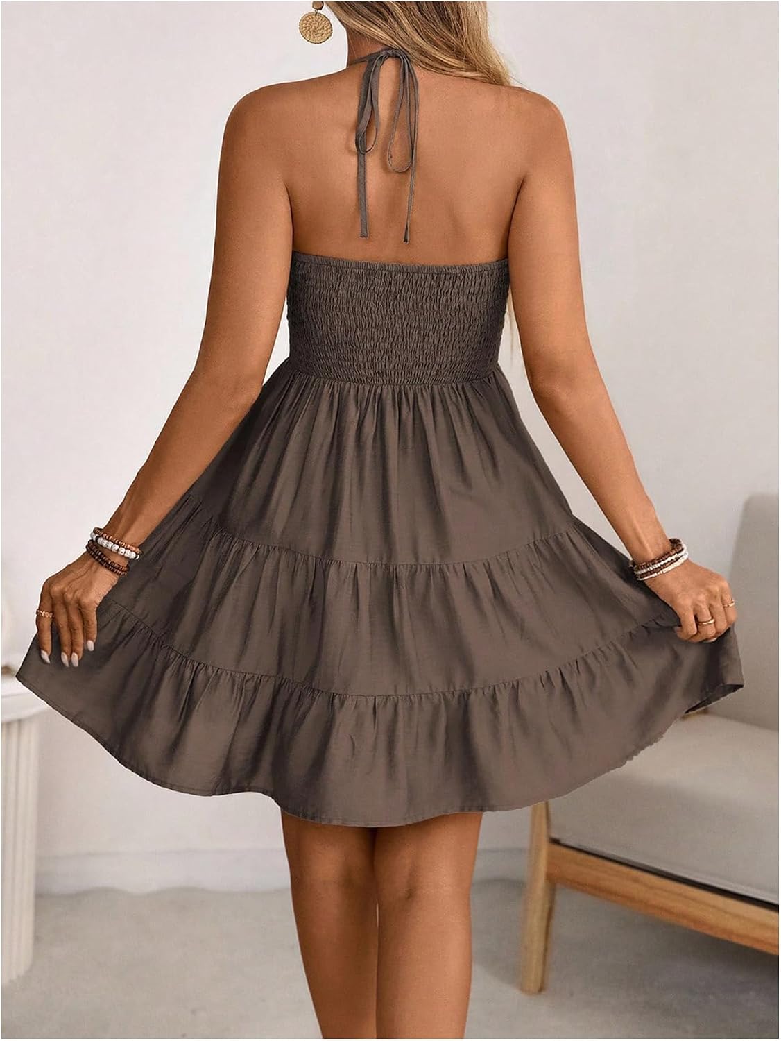 BEAUDRM Women's Halter Mini Summer Dress Flowy Tie Backless Beach Cami Dress Ruffle Hem A Line Sundress