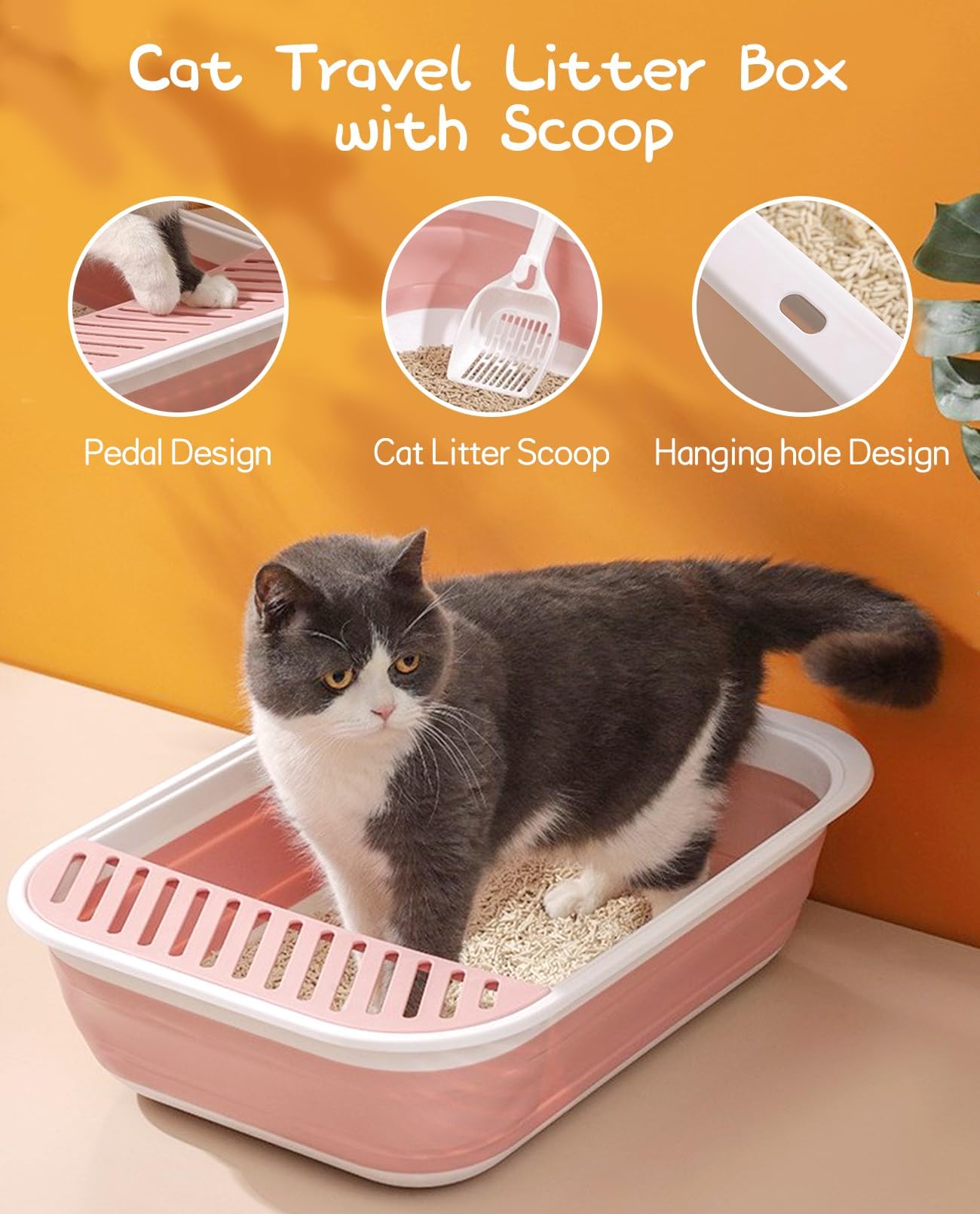BNOSDM Foldable Small Cat Litter Box for Kittens Open Potty Pan Collapsible Cat Toilet with Scoop Senior Kitty Travel Shallow Litters Boxes Anti-Splash Waterproof for Small-Sized Cats Pink