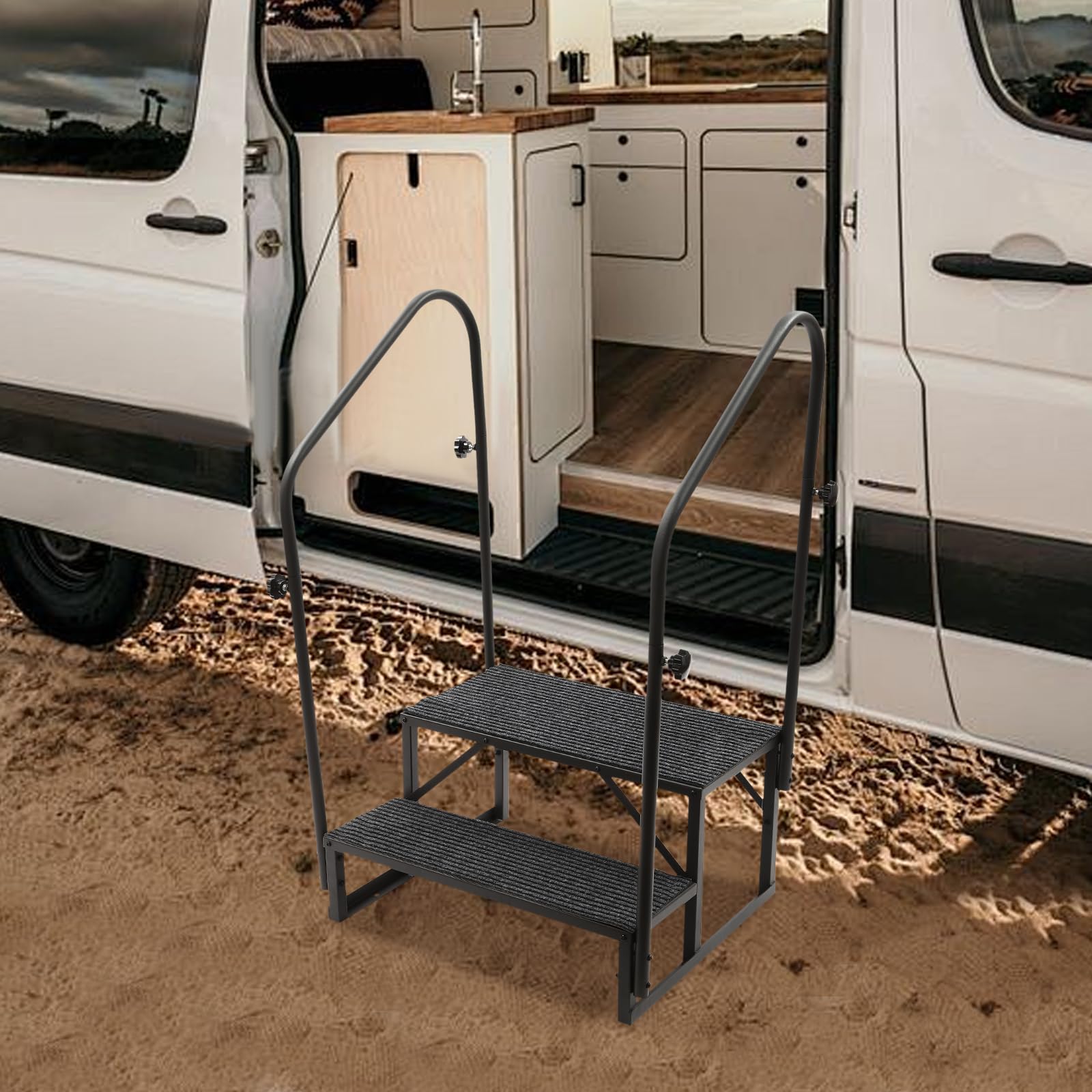 Escalera para autocaravana de 2 peldaños con pasamanos, 2 escalones móviles para exteriores, escalera de caravana con alfombrilla antideslizante, peldaños portátiles con cremallera, capacidad