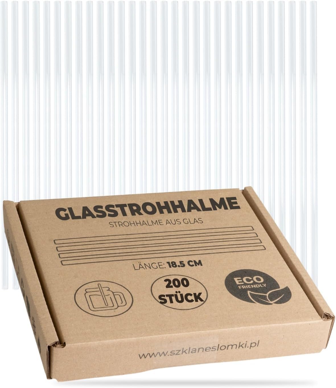 MJW Glasstrohhalme 18,5 cm – 200 Stück wiederverwendbare, robuste Trinkhalme aus Glas für die Gastronomie, umweltfreundlich und spülmaschinenfest
