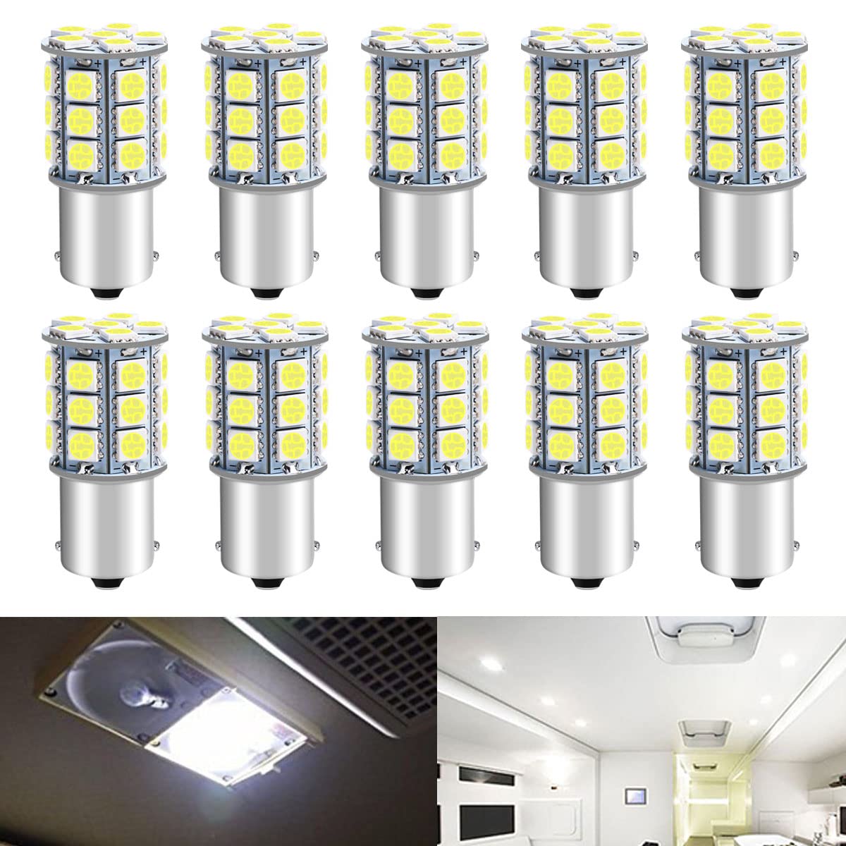 Defvnsy P21W 1156 BA15S Ampoules LED, 1141 7506 1003 Ampoule 12V Extrêmement Brillant 6000K Blanc, 27SMD 5050 Ampoules LED Voiture pour Fex de RV, Camping, Voiture, Caravane, Remorque (Lot de 10)
