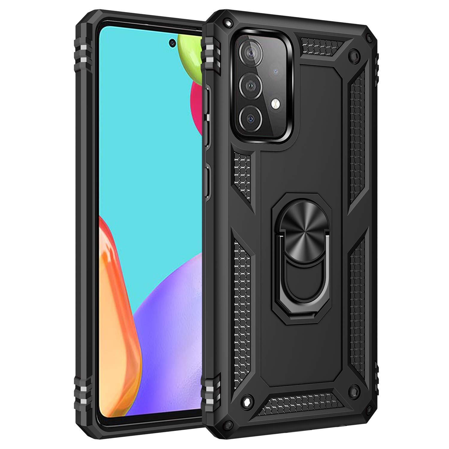 Military Grade Drop Impact for Samsung Galaxy A52 5G Case 360 Metal Rotating Ring Kickstand Holder Armor Heavy Duty Shockproof Cover for Galaxy A52 5G/4G Phone Case (Black)