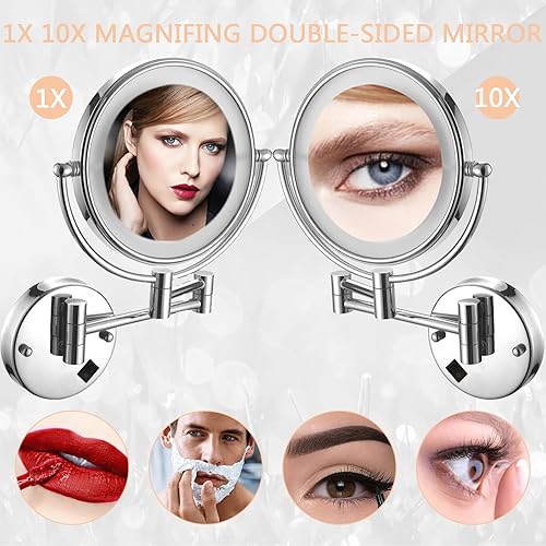 Miniatura 3 de Espejo de maquillaje montado en la pared con luces LED, espejo cosmético redondo de doble cara con luz y aumento, retráctil y extensión espejo