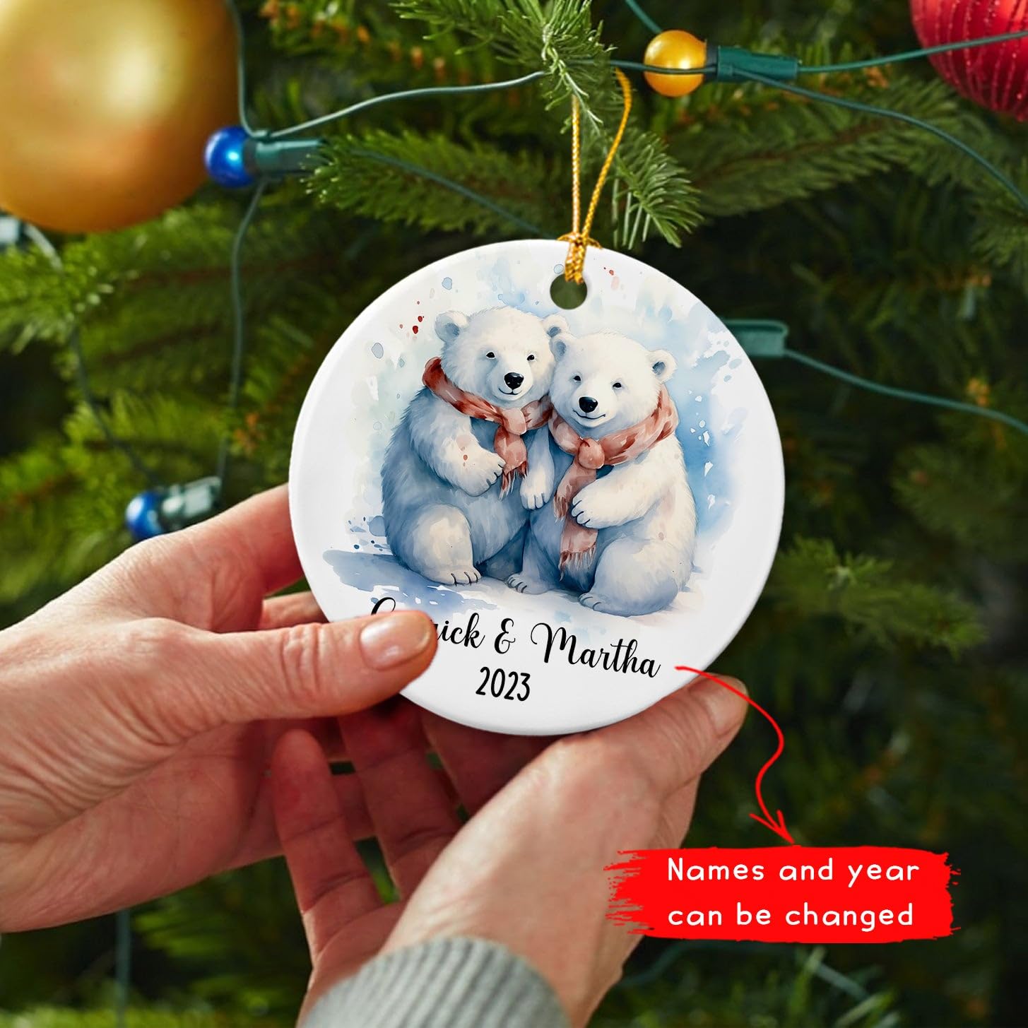 First Christmas Together Polar Bear Couple Ornament 2025, Personalized Polar Bear Couple Ceramic Ornament Gifts for Christmas Tree, Custom Names & Year Anniversary, Mr & Mrs Polar Bear Xmas Ornament