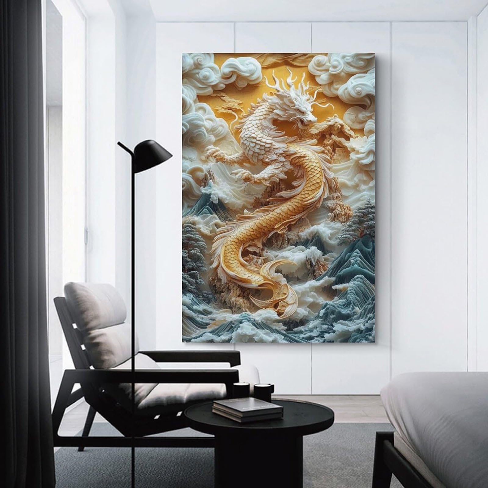 Junmoney Unframe-Style-24 Wall Art Print Golden Dragon Relief, 16X24inch(40X60cm), For Contemporary Homes, Apartments Or Offices, An Easy Choice For New Home Styling