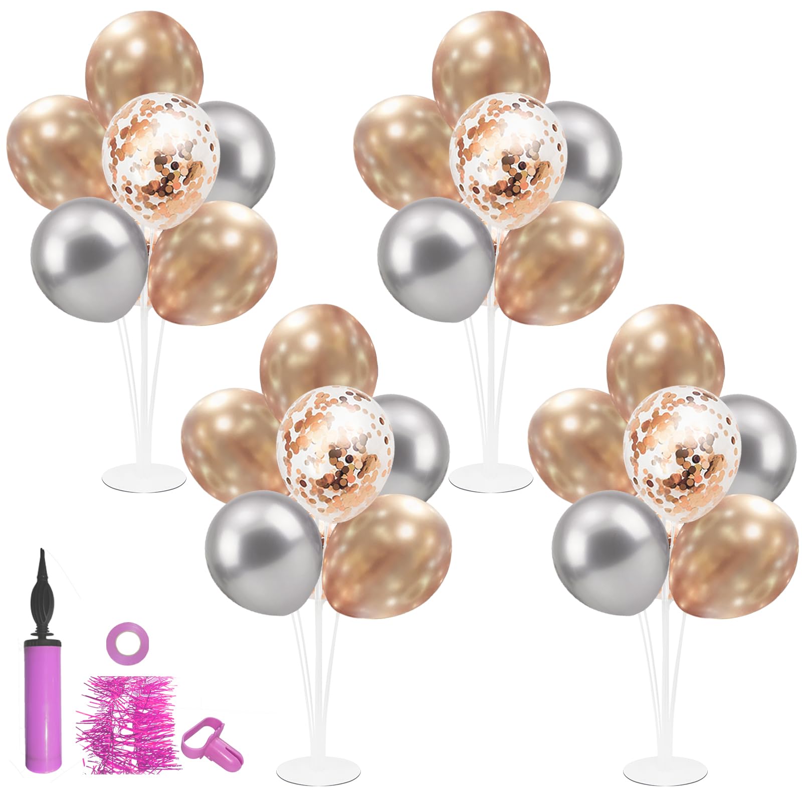 4 Set Balloon Stand with Champagne Silver Balloons and Pump