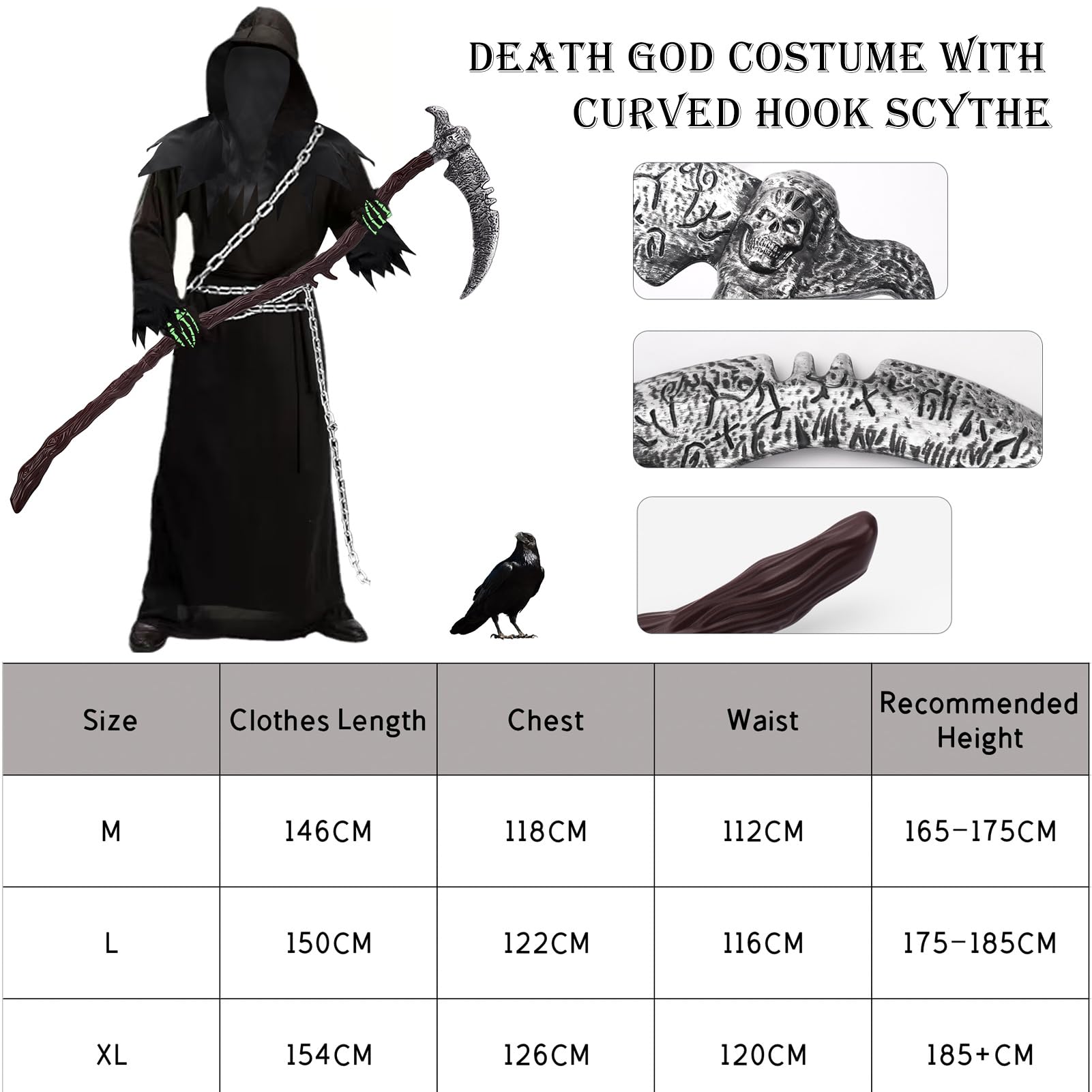Sensenmann Kostüm Set - 6-teiliges Grusel Kostüm Mit Sense & Maske Größe L