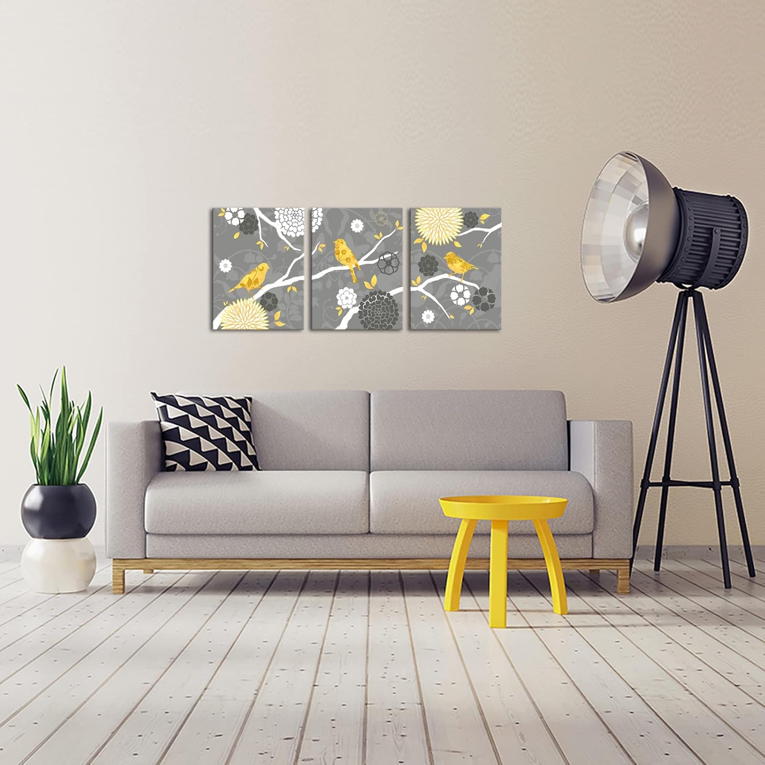 FuShvre Yellow Birds Canvas Art Yellow and Grey Wall Decor Bird Flower Painting Picture Artwork for Kitchen Bedroom Framed