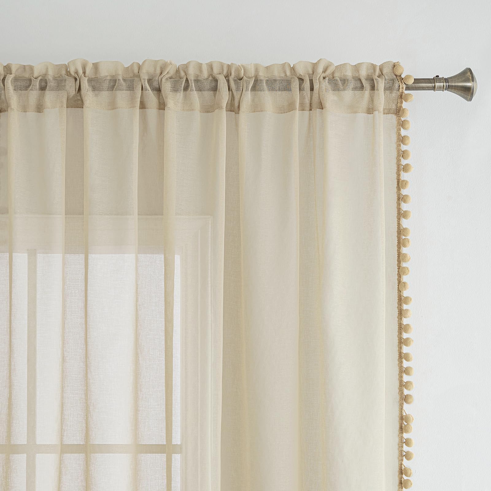 MIULEE Voilage Pompons Passe Tringle 2p L140 H225 Beige | Voilage décoratif à pompons boule avec œillets, style mignon pour chambre bébé et salon