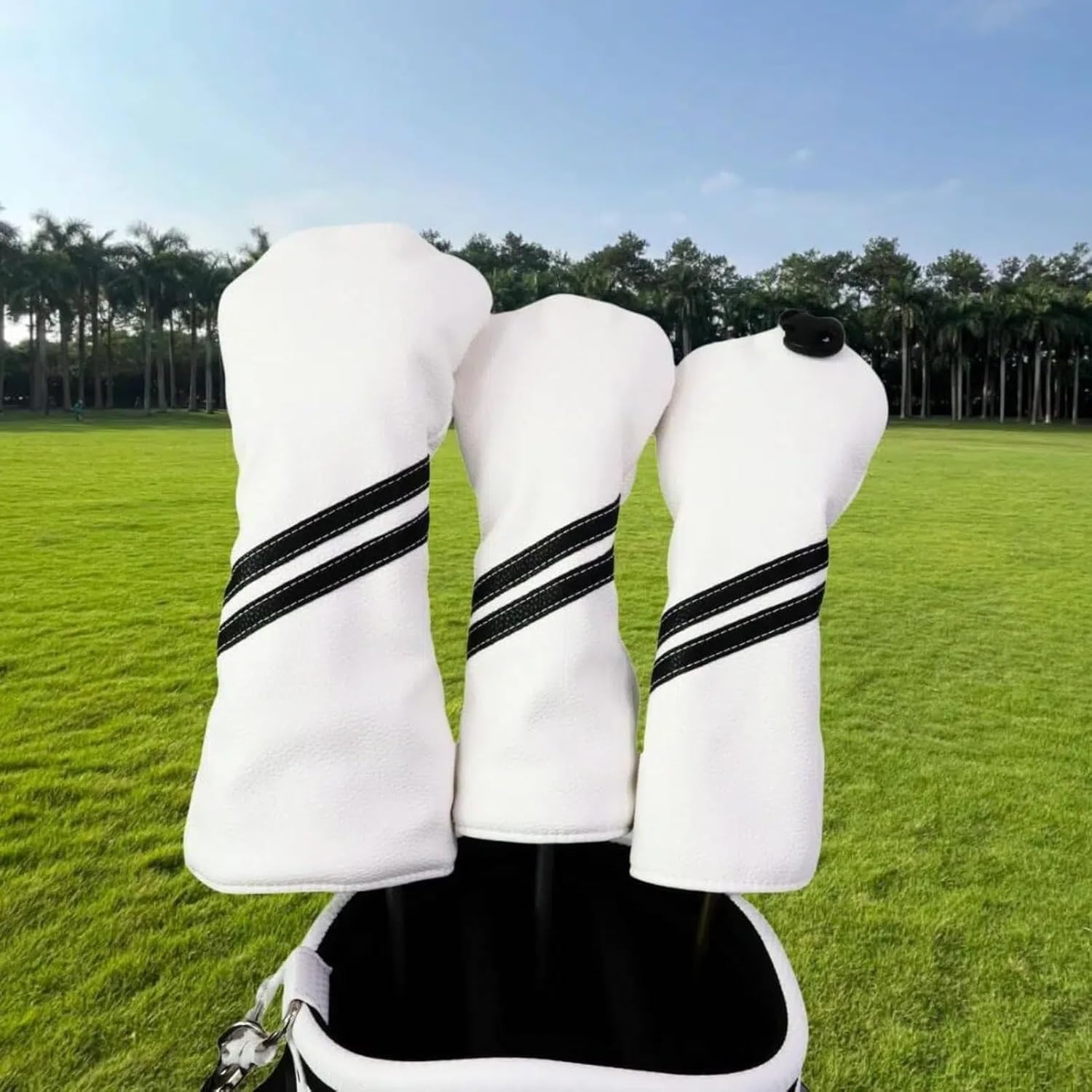 HELLO NRC 3 Pieces Golf Club Covers, Golf Headcover Set, Head Covers for Woods and Driver, 3 Wood Cover White and Black, 460cc PU Waterproof Leather with Rotating Number Tags for Most Golf Clubs