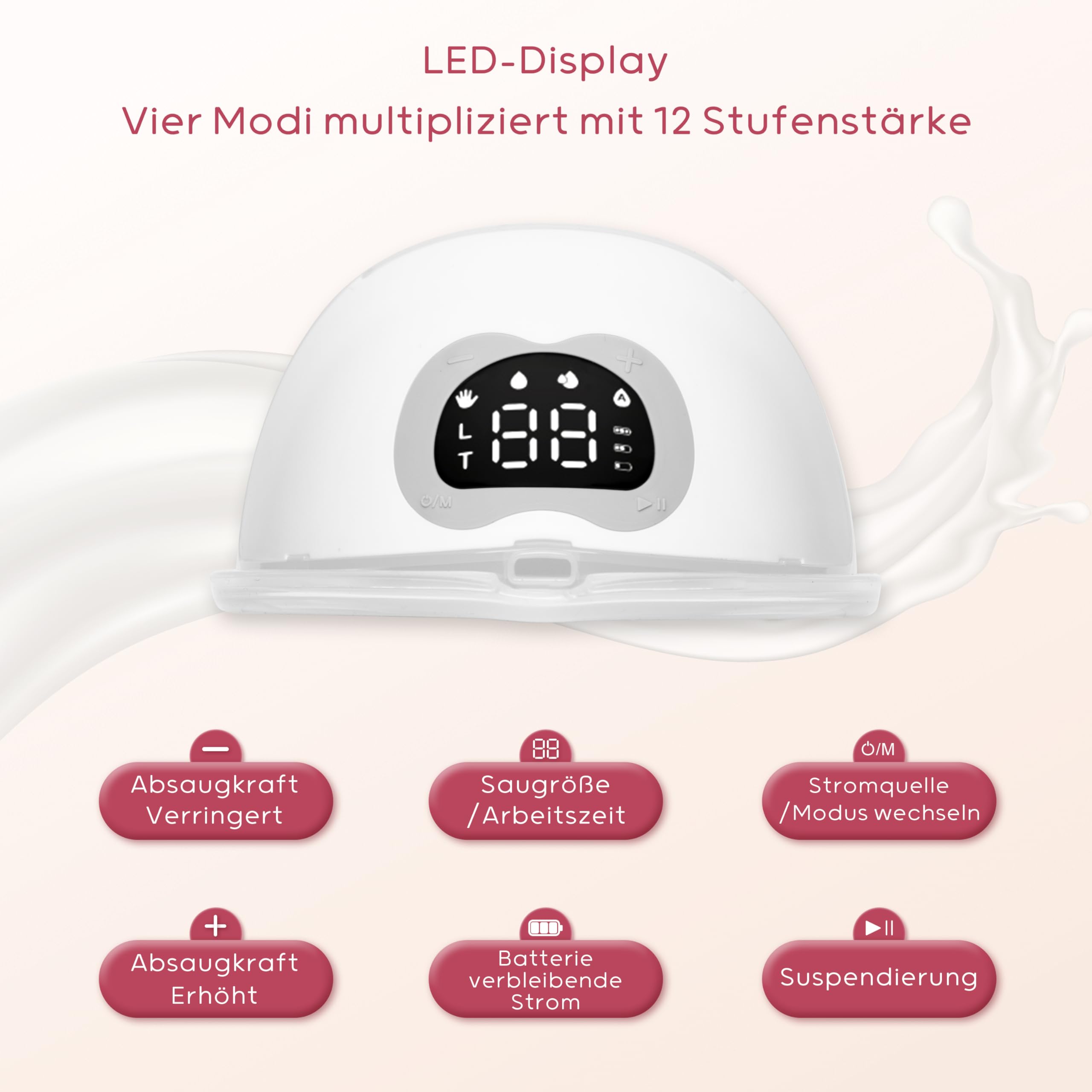 Milchpumpe Elektrisch tragbare, Elektrische Milchpumpe Handsfree 4 Modi, 12 Stufen, komfortabler Flansch, Starke 300 mmHg Saugleistung, leise abpumpen mit Ersatzzubehör im Lieferumfange (2 Packs)