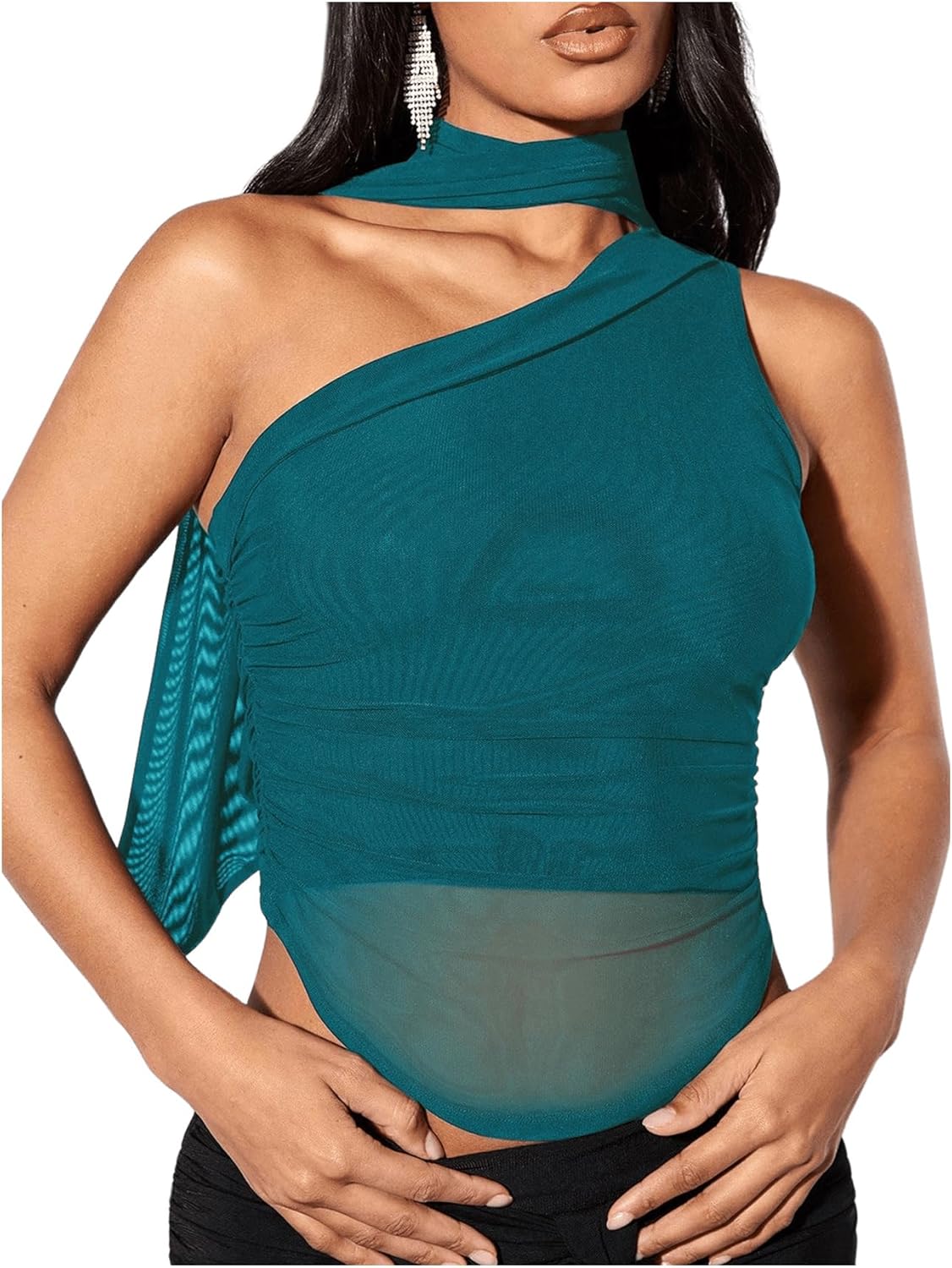 GORGLITTER Women's Halter Going Out Tank Top with Scarf One Shoulder Ruched Asymmetrical Crop Tops