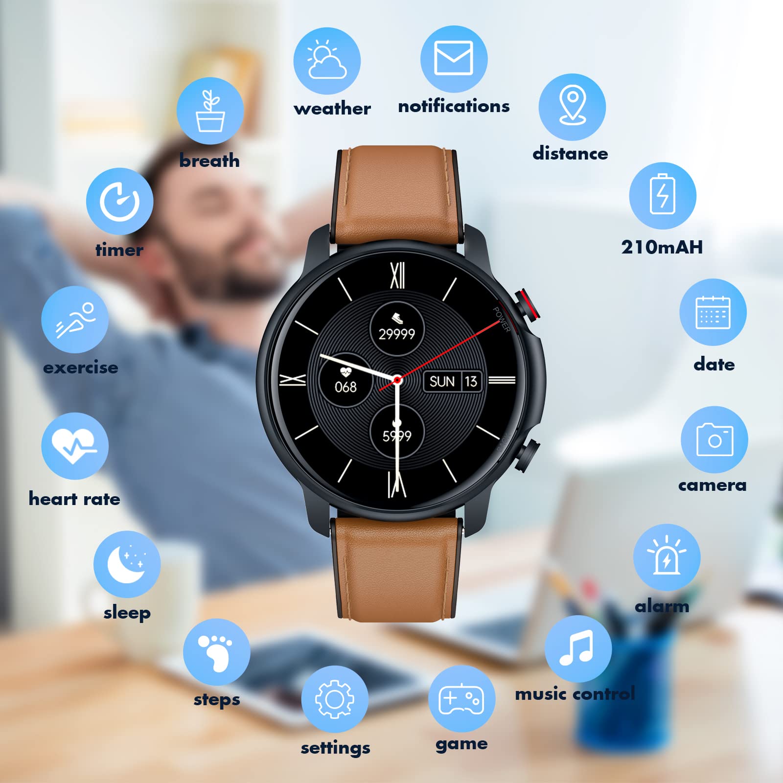 Smartwatch Homme Montre Connectée Sport 1,32 Pouces IP68 Étanche Écran Tactile Bracelet Connectee Moniteur Sommeil Fréquence Cardiaque Podomètre Fitness Tracker Android iOS Ronde Cuir