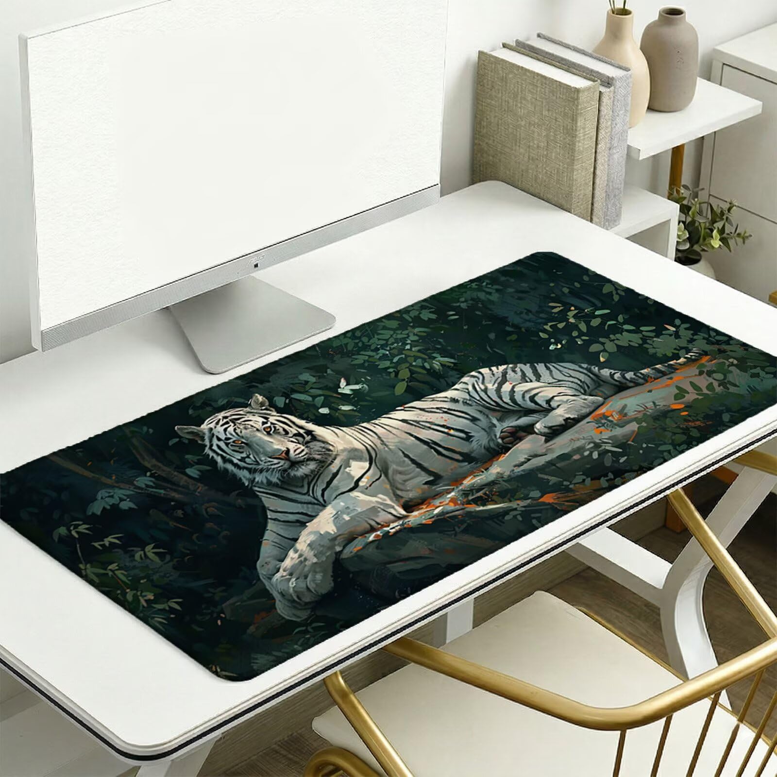 Alfombrilla Ratón XXL 1200 x 600 x 3 mm, Alfombrilla Escritorio, Tigre Grande Protector de Mesa con Base de Goma Antideslizante y Bordes Cosidos, Impermeable, para Oficina, PC, Gaming (Bosque) L-x4536