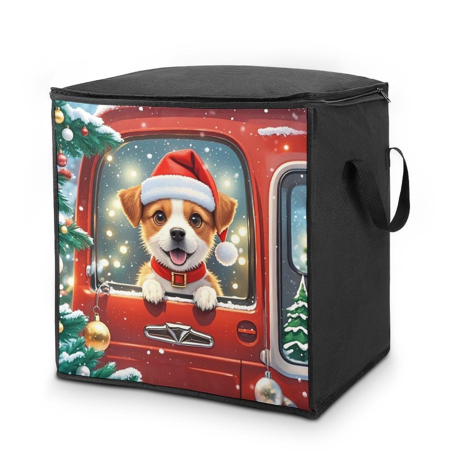 Red Truck Puppy Storage Bag with Zippers And Handle Extra Large Bedding Comforter Storage Bag Foldable Blanket Storage Bags Fabric Moving Bags for Closet Organizer (70L)