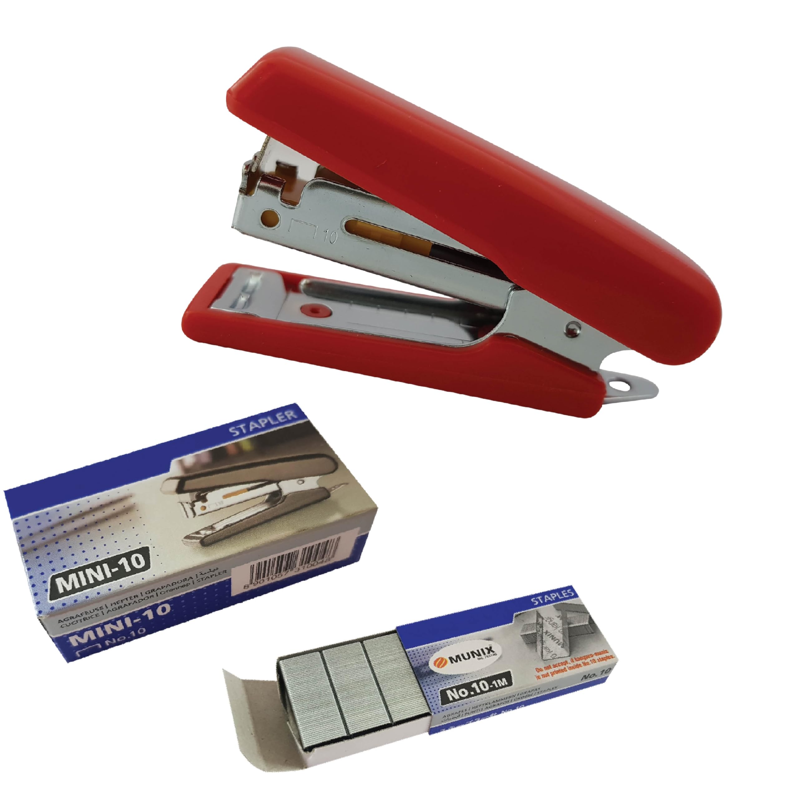 ZMINI10 Mini Stapler with Built-in Staple Remover, RED Body + 1000 Staples, 10 Sheets Stapling, School Office Home Use, iZOFAX Black Ball Pen
