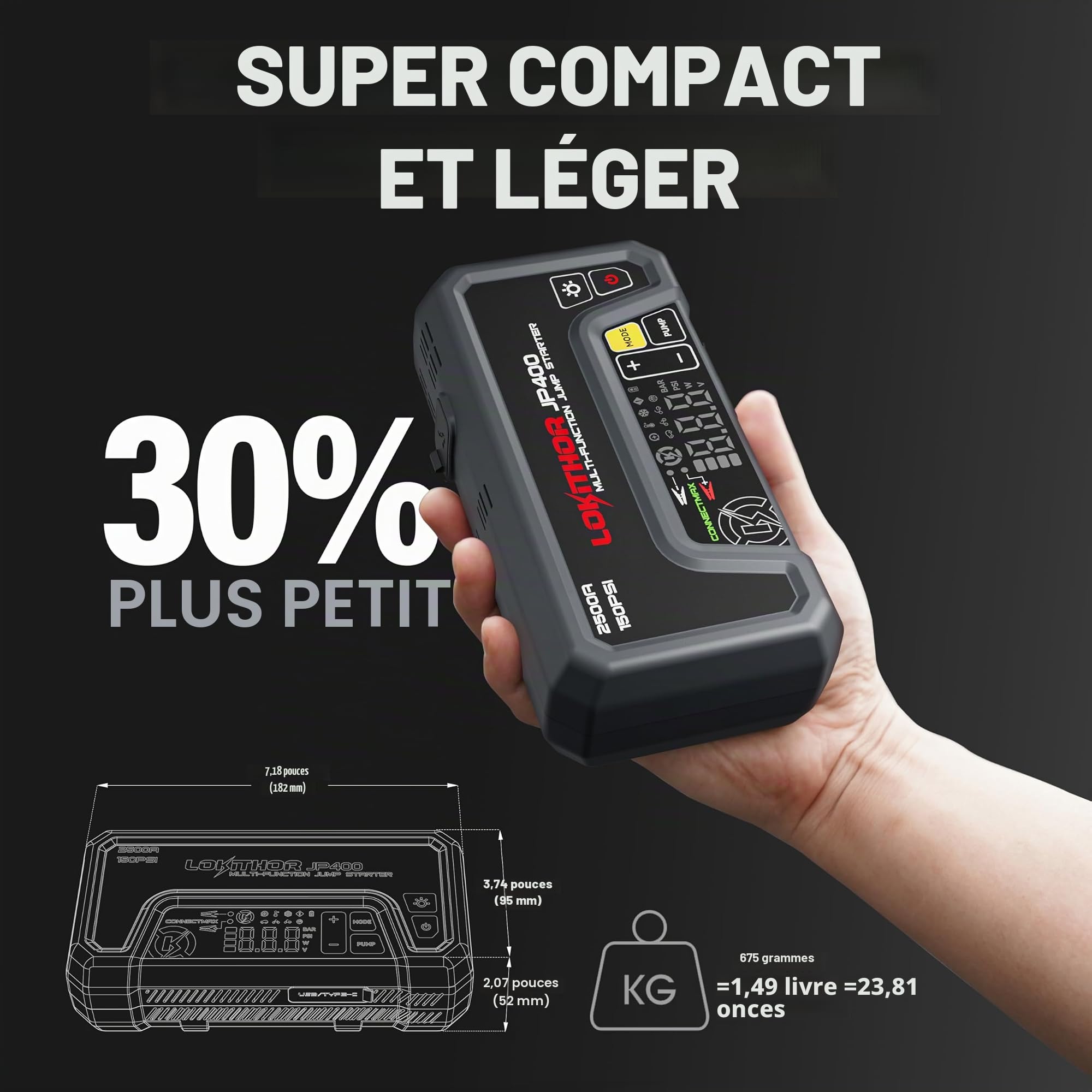LOKITHOR JP400 Booster de Batterie Voiture avec Gonfleur 12V 2500A avec Compresseur d’Air 150 PSI, Démarreur de Batterie Voiture pour Moteurs Jusqu’à 8.5L Essence et 6.5L Diesel, Intégré, Lampe LED