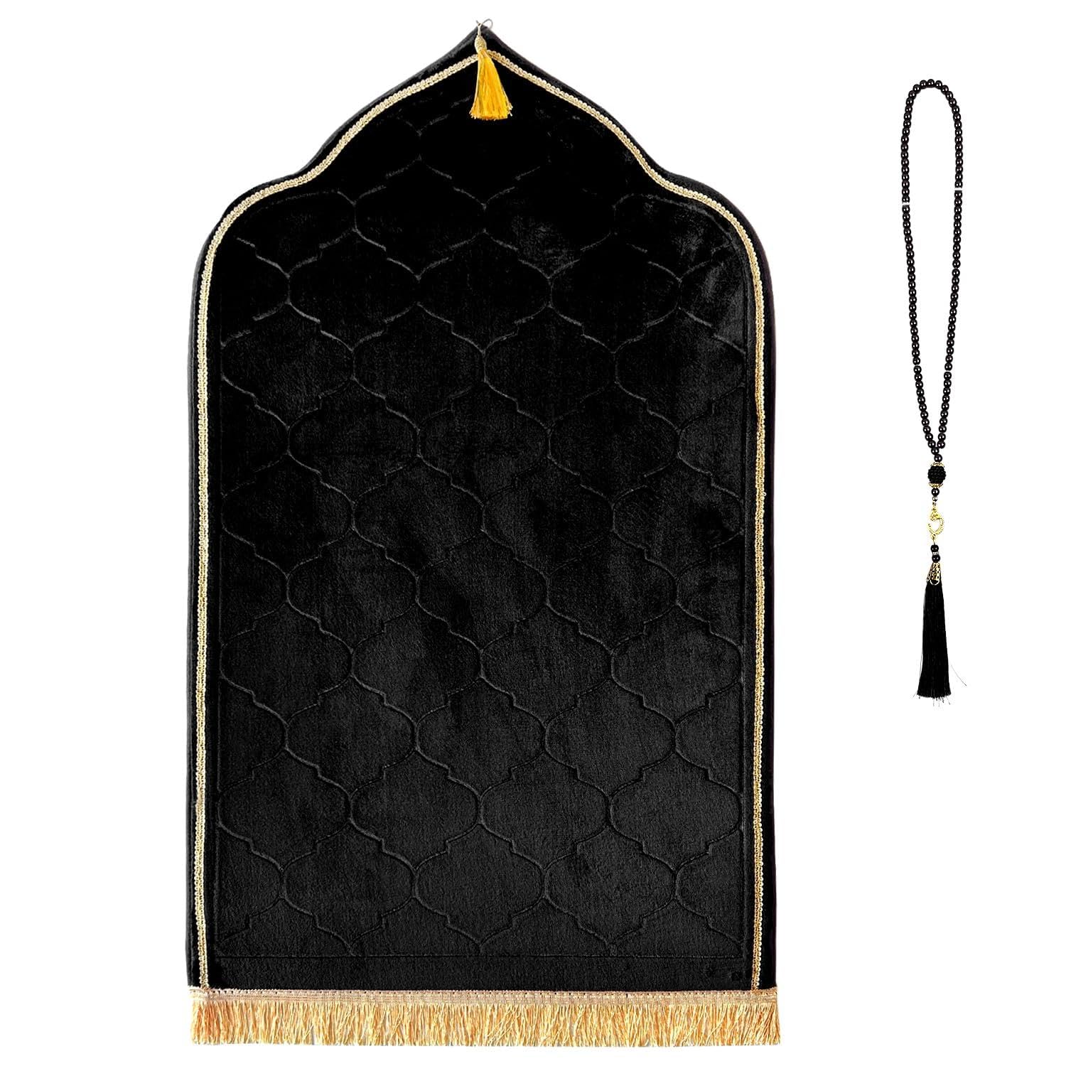 KEAGAN Prayer Mat Velvet Muslim Rug With Tasbih Beads Portable Muslim Prayer Rug Turkish Prayer Carpet Large Size Flannel Praying Rug for Muslim Eid Gift -Black