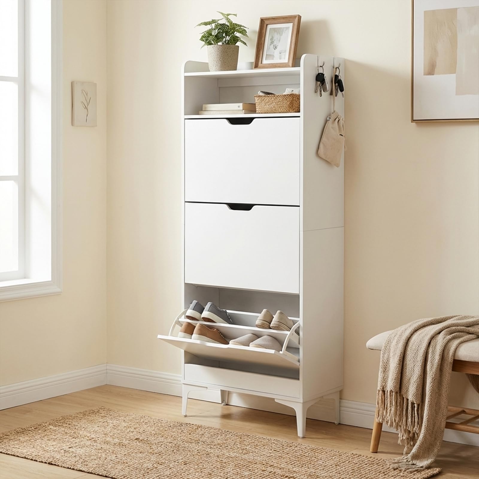 EGGREE Zapatero Alto y Estrecho con 3 Puertas Abatibles y Compartimento Abierto, Mueble Ahorrador de Espacio para Pasillo, Apartamento, Habitaciones, Blanco, 60x24x159 cm