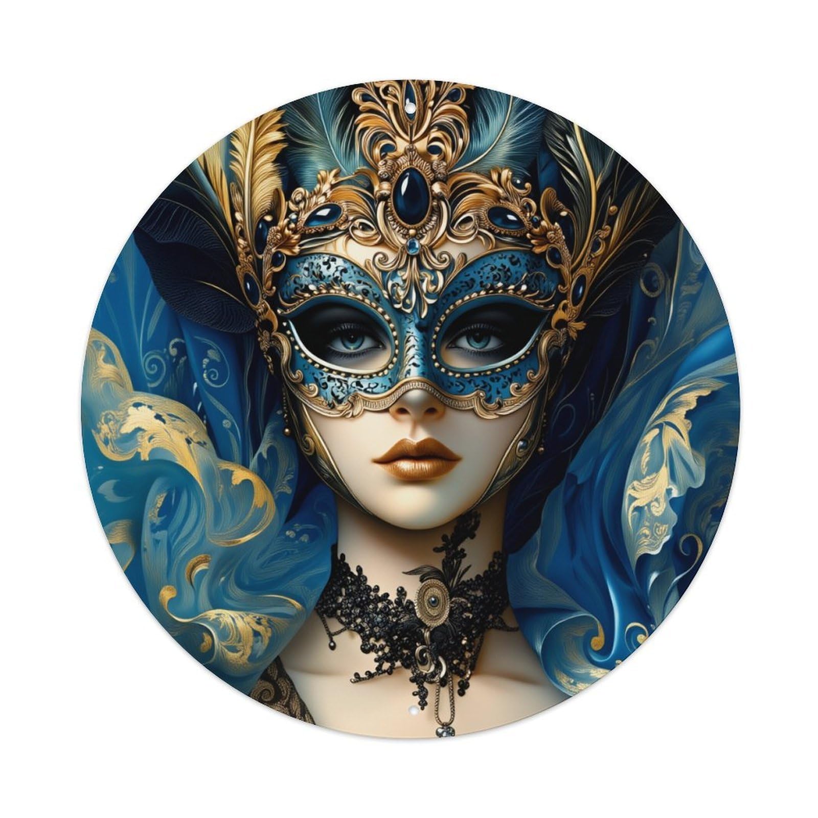 Blue Gold Feather Mask Design Round Tin Sign Vintage Metal Poster, Home Bar Garage Man Cave Cafe Indoor & Outdoor Wall Decoration 8x8Inches