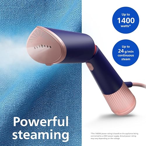 Philips 5000 Series Hand Steamer - Powerful 1400W, Continuous Steam, Two Water Tanks, Fast Heating in 35s, Eco& Max Setting, Adjustable Head, Metal Base Plate, Accessories, Marine Blue (STH5030/20) - 3
