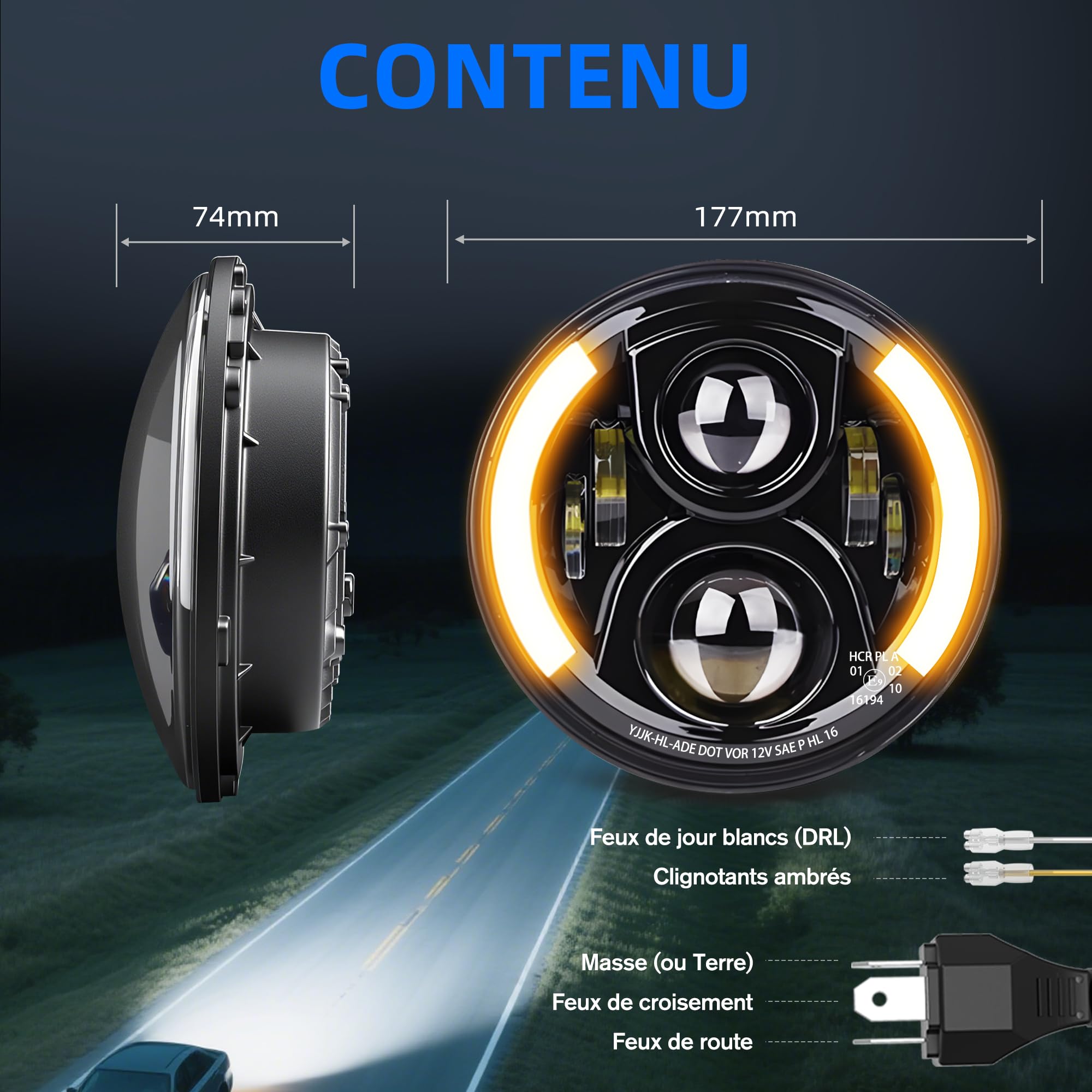 CO LIGHT Phare LED Rond 7 Pouces Projecteur Hi Lo Homologué E-MARK DRL Blanc Clignotant Ambre Compatible H6024 Adapté pour Wrangler JK TJ CJ LJ Miata MX5 Century 2PCS