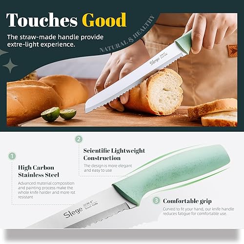 Miniatura 4 de Slege Juego de cuchillos de cocina de 15 piezas con bloque, afilador y tijera, cuchillos de acero inoxidable con mango de paja extremadamente ligero